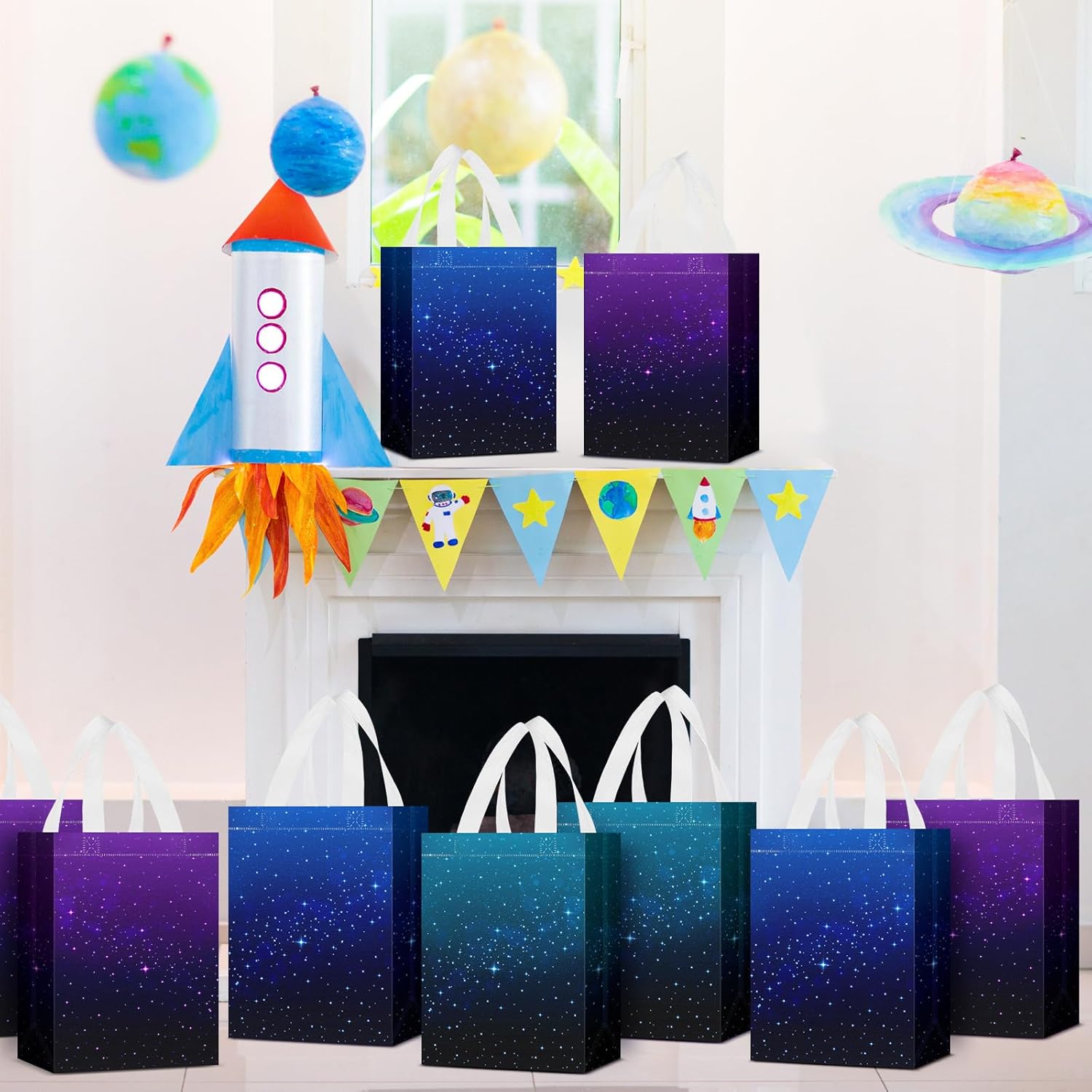 24 Pcs Galaxy Party Favor Gift Bags Starry Sky Goodie Space Star Reusable Bags Non Woven Starry Night Candy Treat Totes Graduation Gift Bag Birthday Party Decorations, 8 x 4 x 10 Inch