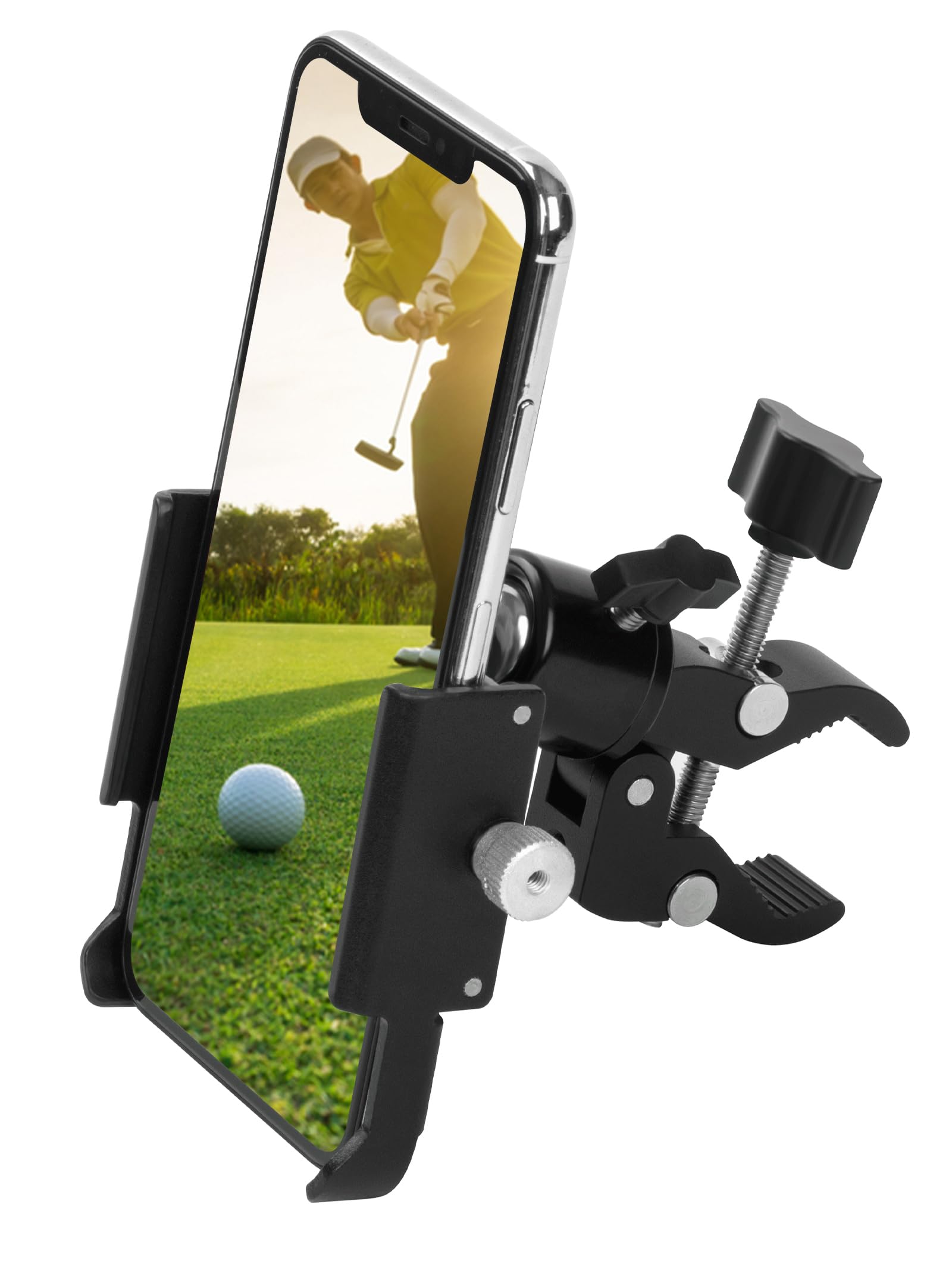 Golf Cart Phone Holder, Aluminum Cell Phone Caddy Holds 4.7"-7.1" Devices, 360° Adjustable Golf Phone Mount Holder for Golfers with C Clip for Golf Cart, Bike, Motorcycle and Stroller