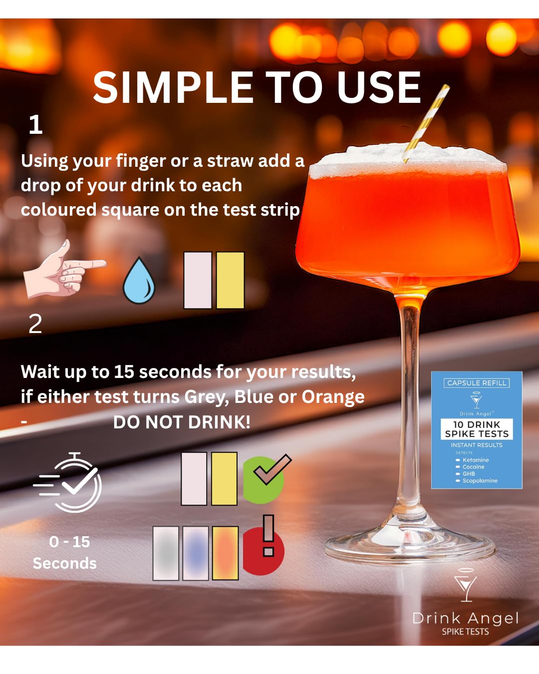 Lot de 10 kits de test de drogues discrets en déplacement pour kétamine et GHB | Tests de drogues testés cliniquement | Tests anti-pointes | Prévention des pics de boisson | Pack de