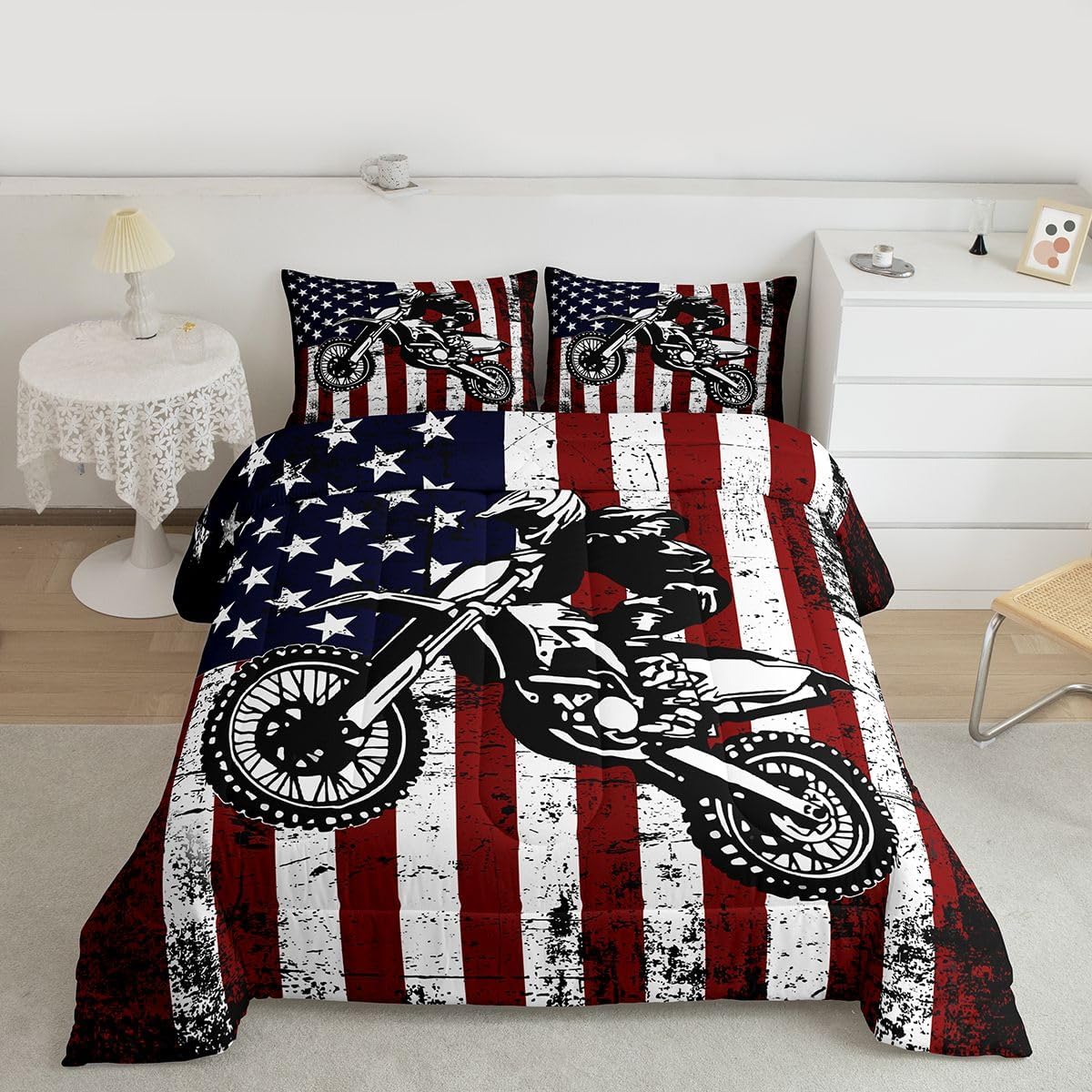 Feelyou Dirt Bike Comforter Set All Season Vintage Flag Bedding Set with 2 Pillow Cases Sporty Rider Kids Queen Off-Road Racing Room Decor Motocross Art Duvet Quilt Breathable Soft Lightweight