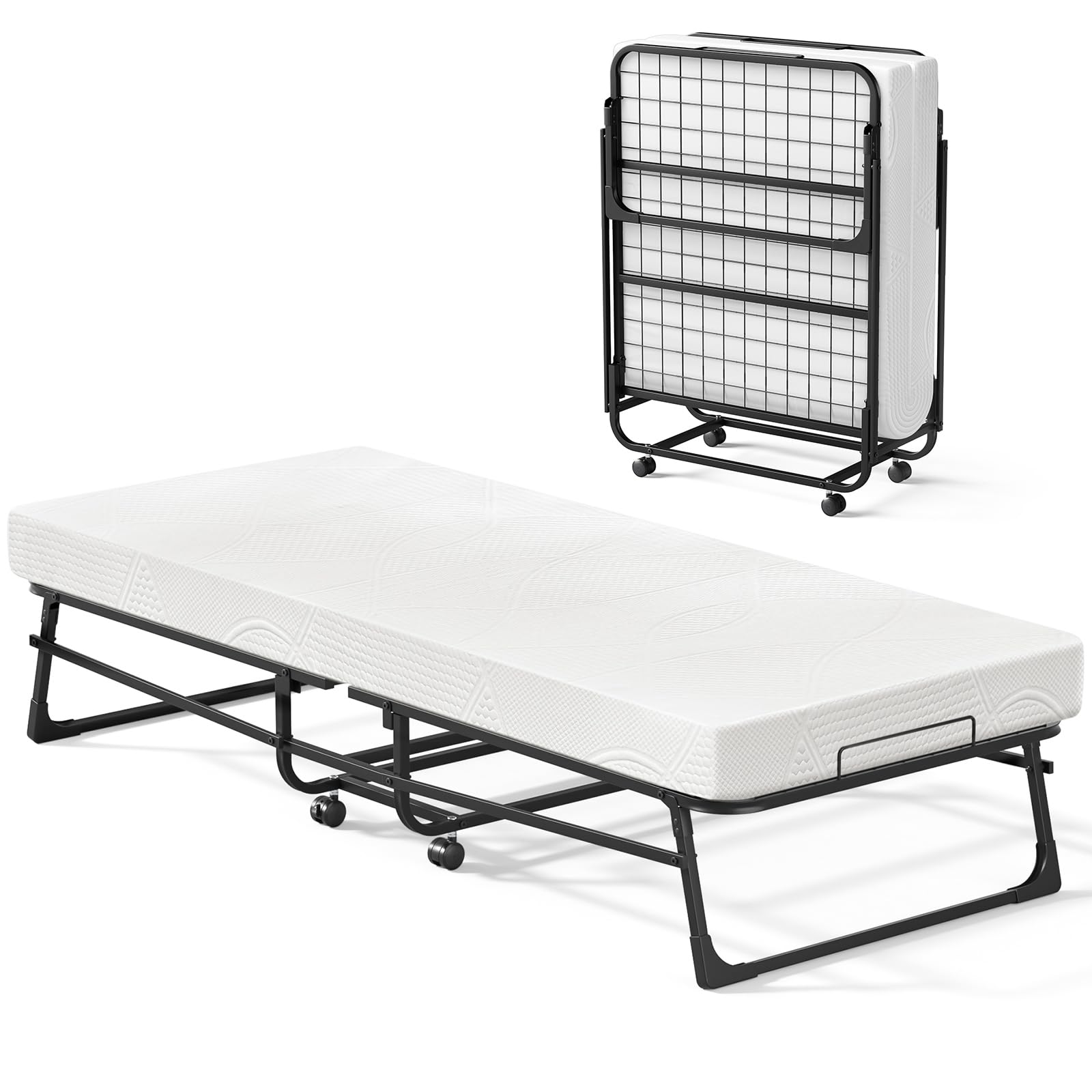 Skokliz Folding Bed with Mattress, 78.5x190 cm Portable Fold Up Bed with 12.5 cm Thick Luxurious Memory Foam Mattress & Super Strong Metal Frame, Space Saving Foldable Single Guest Bed with 4 Wheels