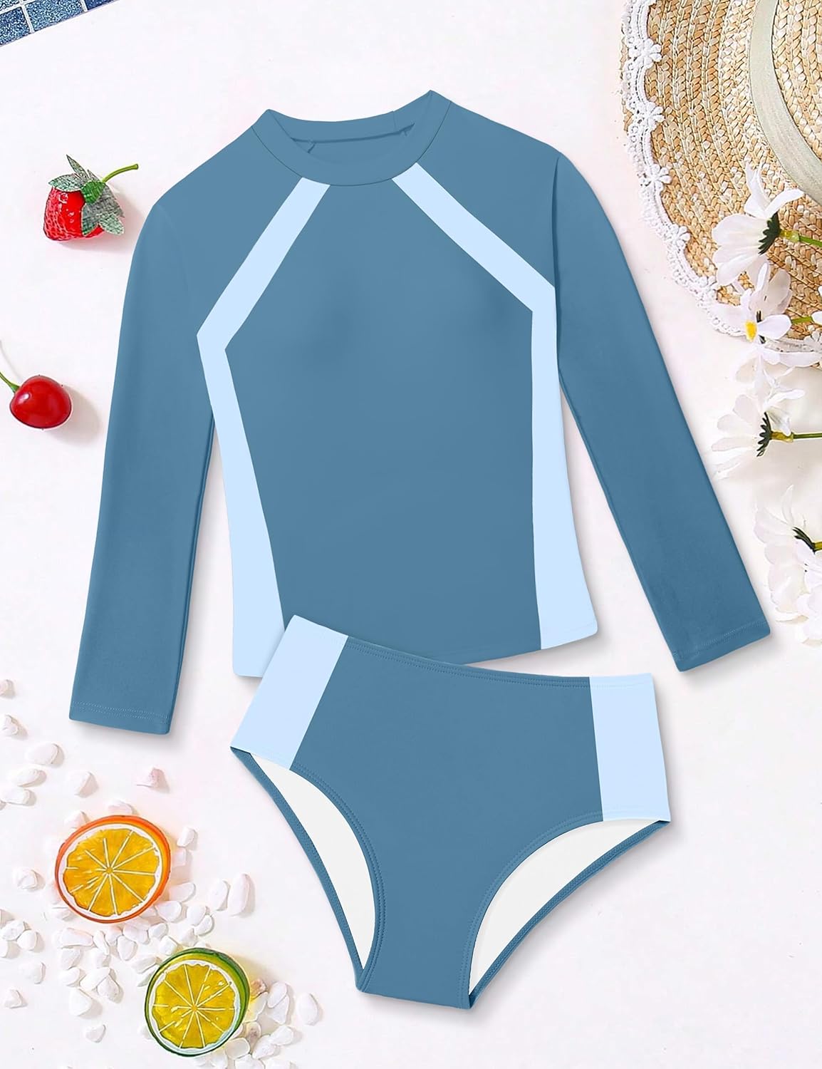 Girls Rash Guard Swimsuit Long Sleeve Swimsuit Color Block Two Piece Bathing Suit for Girls UPF 50+ Padded Swimwear