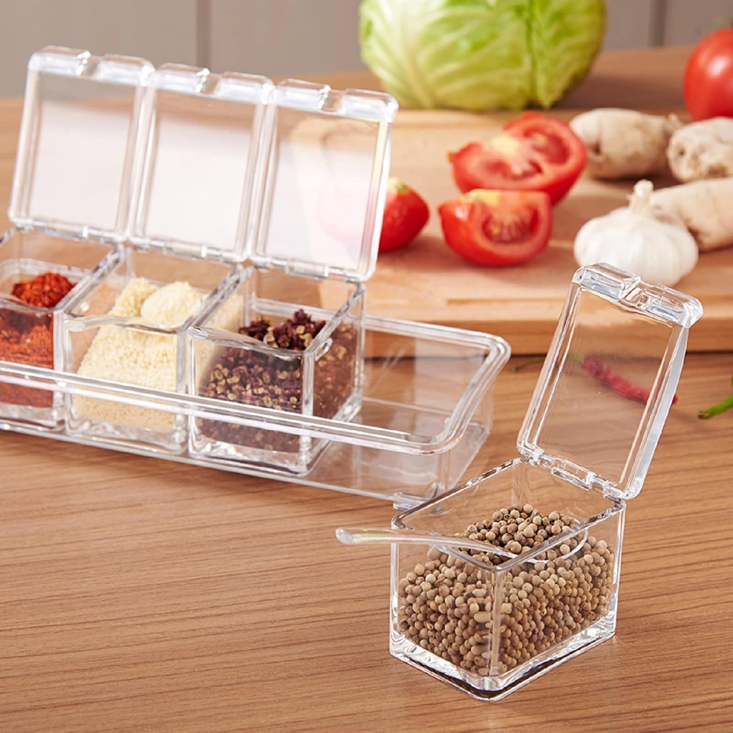 Caja de condimentos transparente de 4 piezas, vinagre con tapa y cuchara, condimentos para azúcar, sal, pimienta y otras especias 3