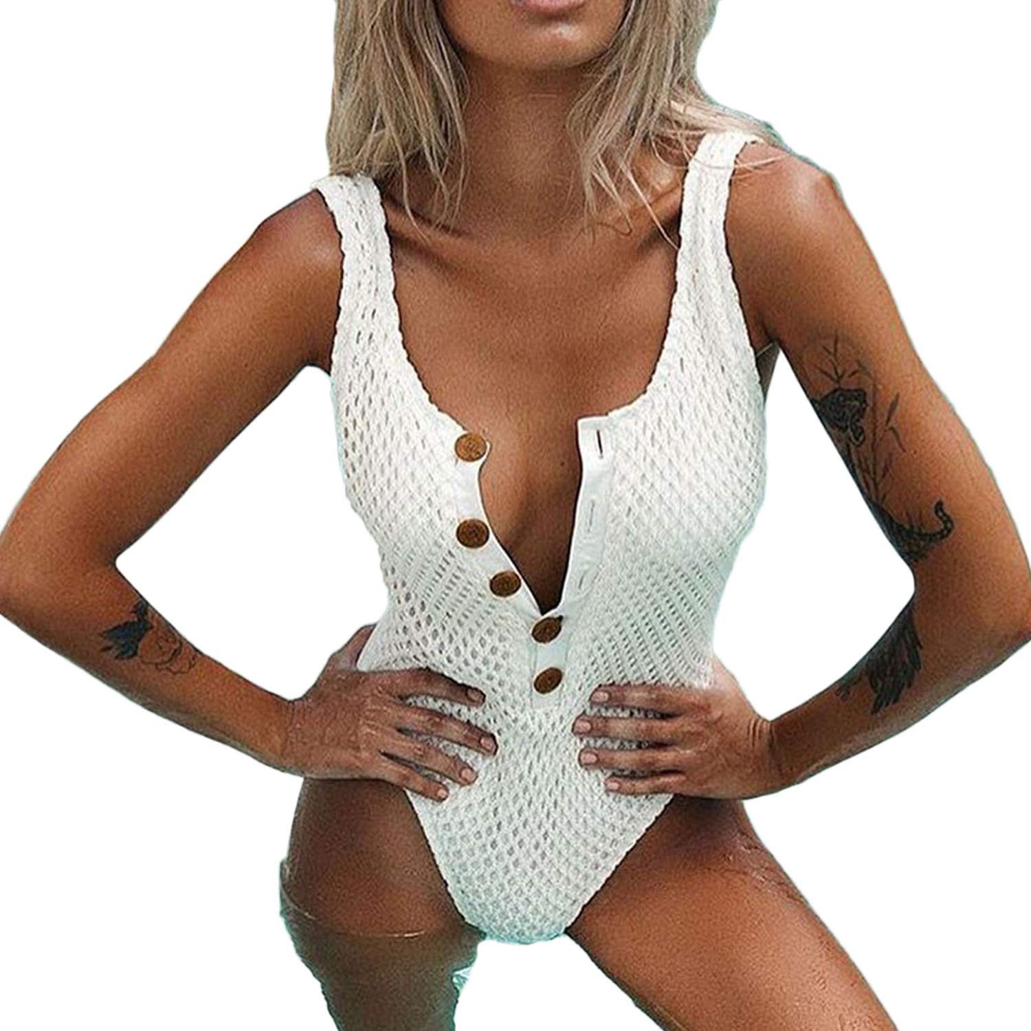 Awoscut Women’s Fishnet Crochet Button Up Front Push up Padded One Piece Swimsuit Bikini High Cut Monokini Solid Bathing Suit