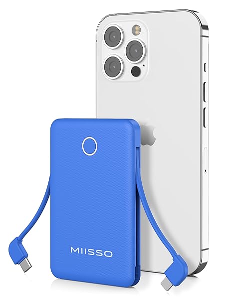 6000mah Ultra Slim Built in Cables Power Bank, Card Size Built in USB C Cords Battery Pack Portable Charger for Phones, 3 Output External Battery Pack Compatible with iPhone, Samsung, Deep Blue