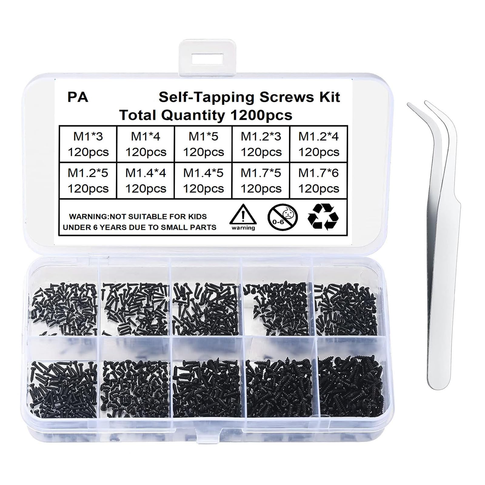Kalttoy Multicolor 1200Pcs Flat Head Cross Screws Small Tapping Screws Tiny Electronic 10 Size Assortment Screw Set Tiny Electronic For Glasses Projects