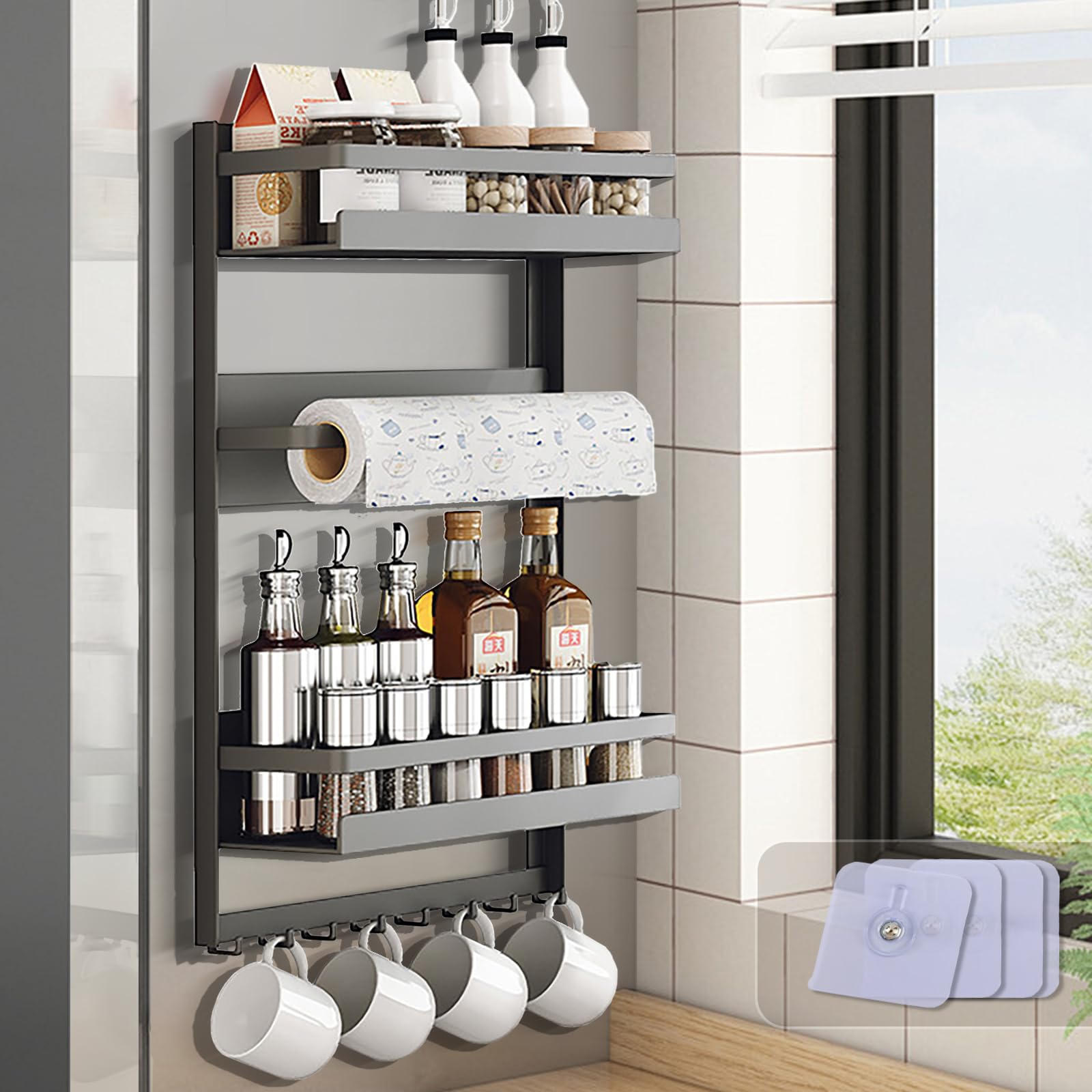 Loodkyoo Magnetic Spice Rack For Refrigeratorwith 8-Hook?Magnetic Paper Towel Holder ?with Strong Adhesion, Rust-Proof & Space-Saving Design for Kitchen, Bathroom