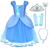 Princess Costume Blue Dress for Toddler Girls Dress Up With Gloves,Crown,Wand,Necklace