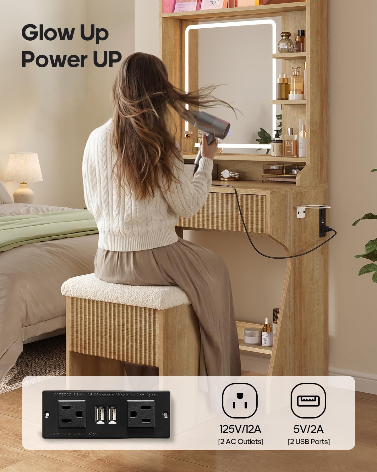 Small Vanity Desk with Mirror and Lights, Sound Sync LED Lights, Fluted Wood Compact Makeup Vanity Table Set with Teddy Fleece Chair, Storage Drawer, Shelves, Bedroom (Oak)