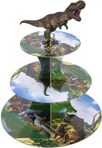 Soporte para cupcakes de dinosaurio de 3 niveles para fiesta de cumpleaños de niños, soporte de cartón para 24 cupcakes