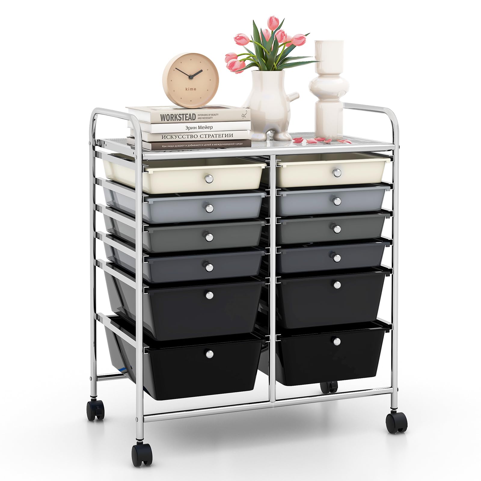 LDAILY 12 Drawer Rolling Storage Cart, Craft Cart Organizer on Wheels w/Metal Frame, Large Capacity &amp; Smooth Drawer, Rolling Cart w/Drawers for Classroom, Office