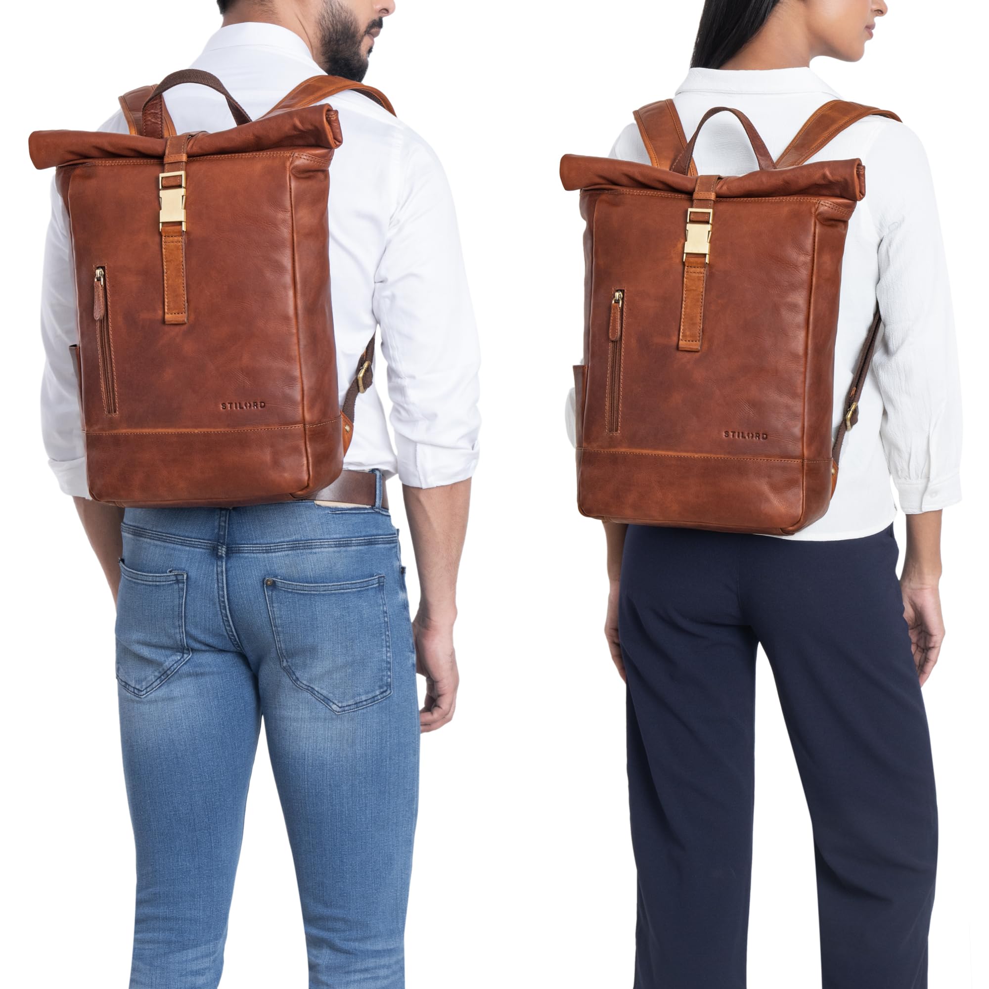 STILORD Harriet Mochila Roll Top de Cuero para Bicicleta y Bandolera Portátil 15,6-17 Pulgadas Grande Daypack de Viaje de Piel Genuina Color:Cognac-marrón
