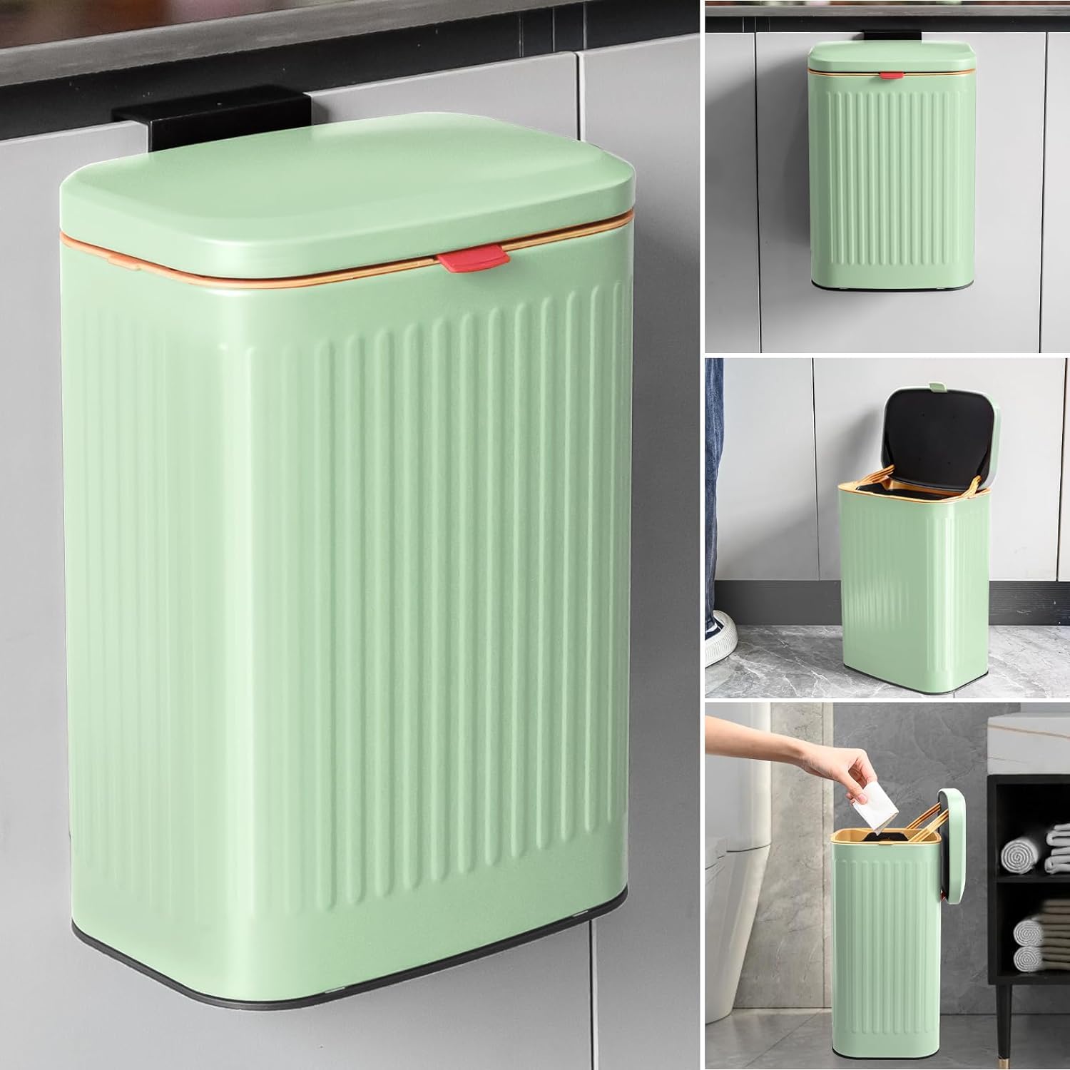TESIN Hanging Kitchen Compost Bin 8 Liter/2.1 Gallon, Small Trash Can with Detachable Inner Bucket for Cupboard/Countertop/Bathroom/Camping/Office/Camping (Green-8 Liter)