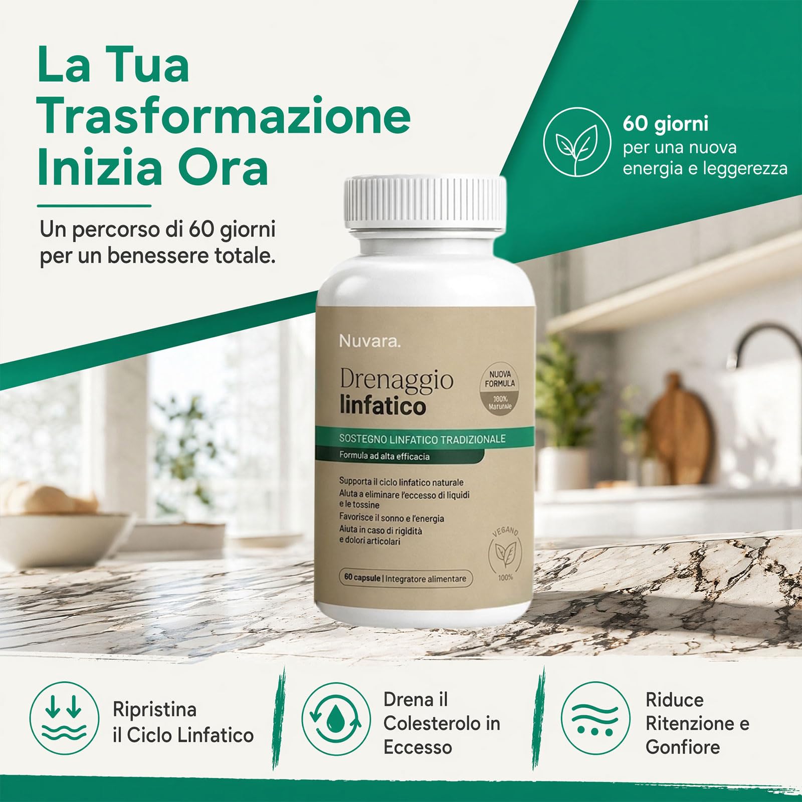 Nuvara Drenaggio Linfatico Capsule, Formula Erboristica Naturale, 60 Capsule, Senza Glutine, per Donne e Uomini (2)