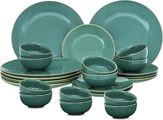 Claymistry Ceramic Dinner Set | 6 Quarter Plates + 6 Dinner Plates + 12 Bowls | Green with Golden Edge | Dishwasher, Oven... Price In India