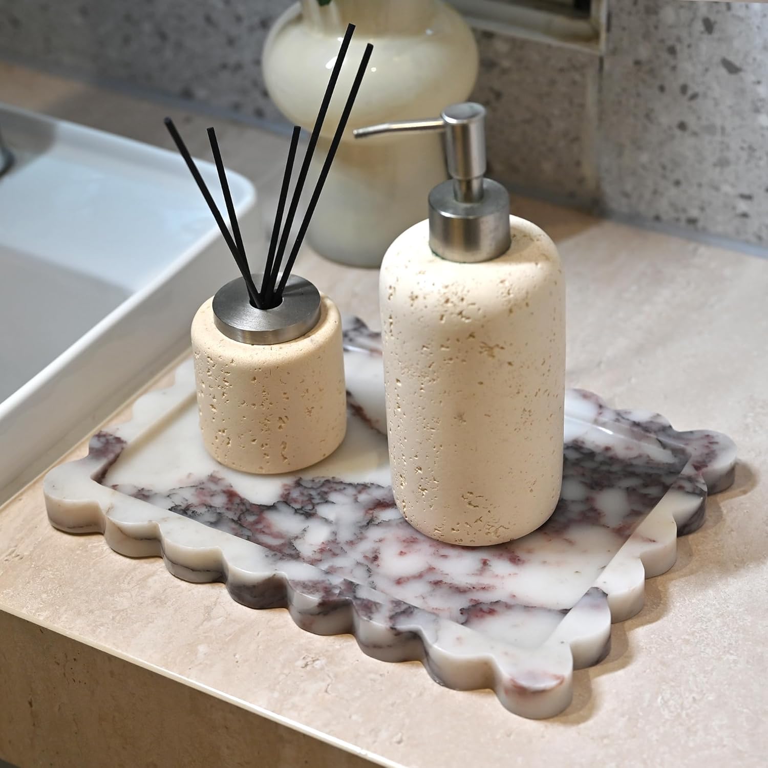 Genuine Calacatta Viola Scalloped Marble Tray, Real Natural Marble Stone Tray, Luxury Decorative Trays for Bathroom, Dresser, Vanity, Kitchen, Home Decor, 10.6" x 8", Calacatta Viola Purple