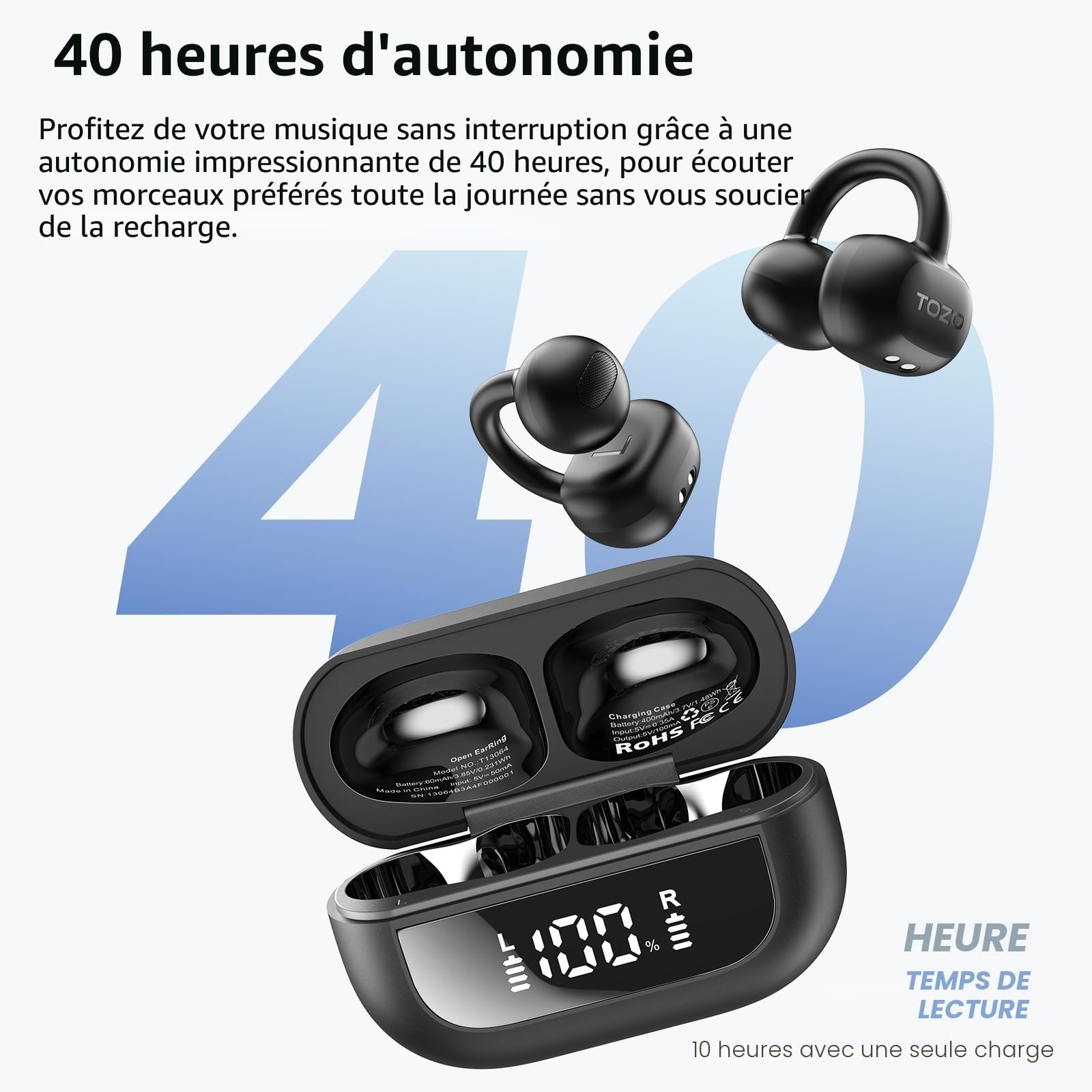 TOZO OpenEarRing Écouteurs Bluetooth sans Fil Ecouteurs Bluetooth 5.1 Ultraléger avec Réduction IA de Bruit ORIGX Acoustique EQs Ajustement 40H d'Autonomie LED Écran USB Type C IPX5 Noir