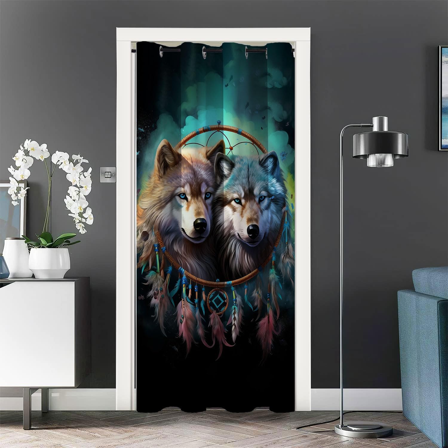 Wildlife Wolf Blackout Door Curtain, Blue Misty Forest Wolf Dream Catcher, 1 Panel Grommet Privacy Room Divider Curtains, for Bedroom Living Bathroom Doorway Deco 34x80 inch