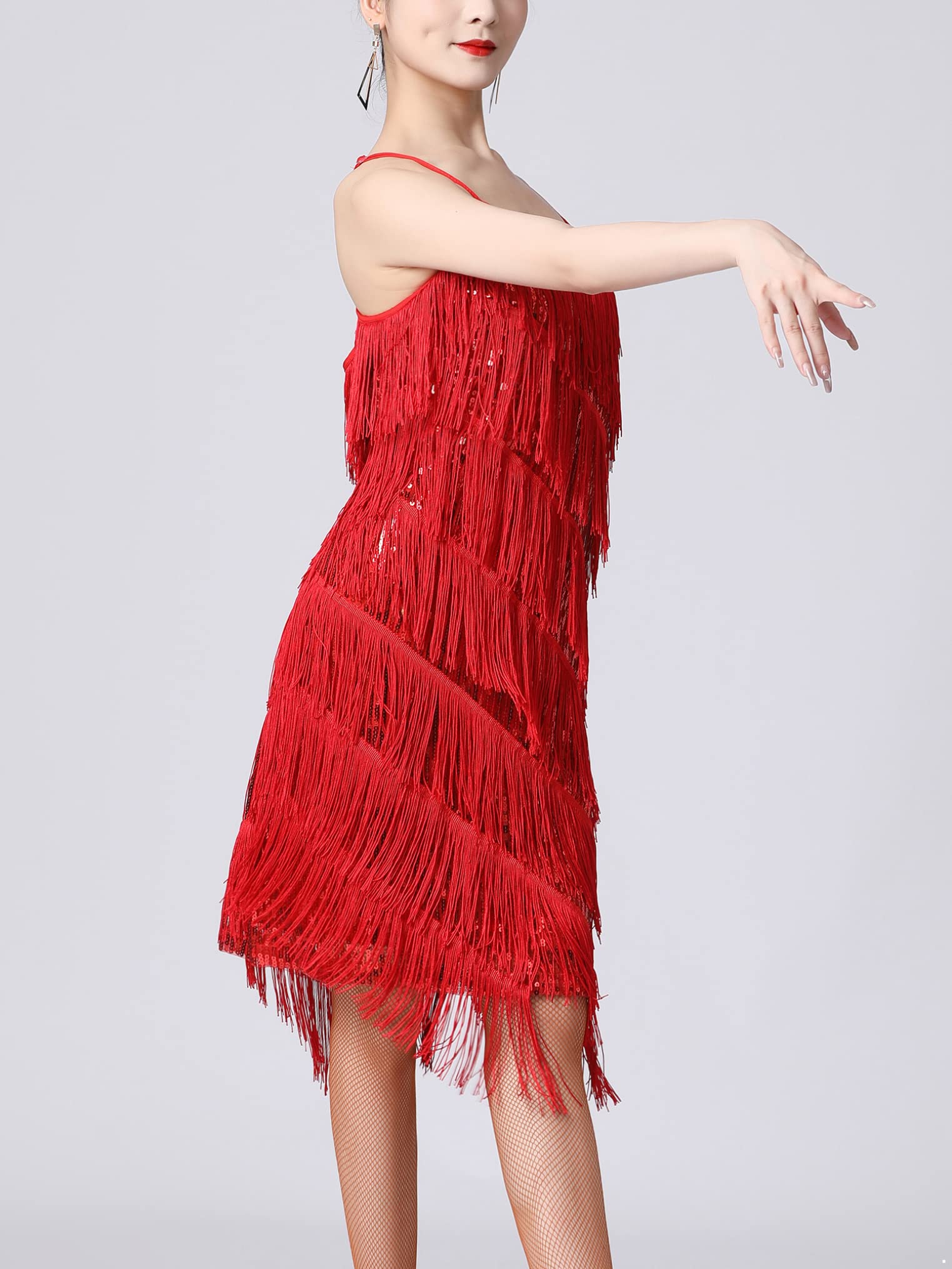 Freebily Robe Danse Tango Latine Femme Robe Année 1920 Franges Flapper Élégant Costume Charleston Robes Soirée Bal Fête V Cou Paillette