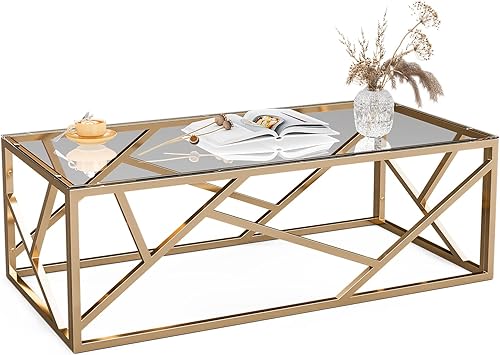 Miniatura 7 de IKIFLY Mesa de centro de cristal dorado, mesa de centro moderna para sala de estar, mesa decorativa con tapa de vidrio templado transparente y marco