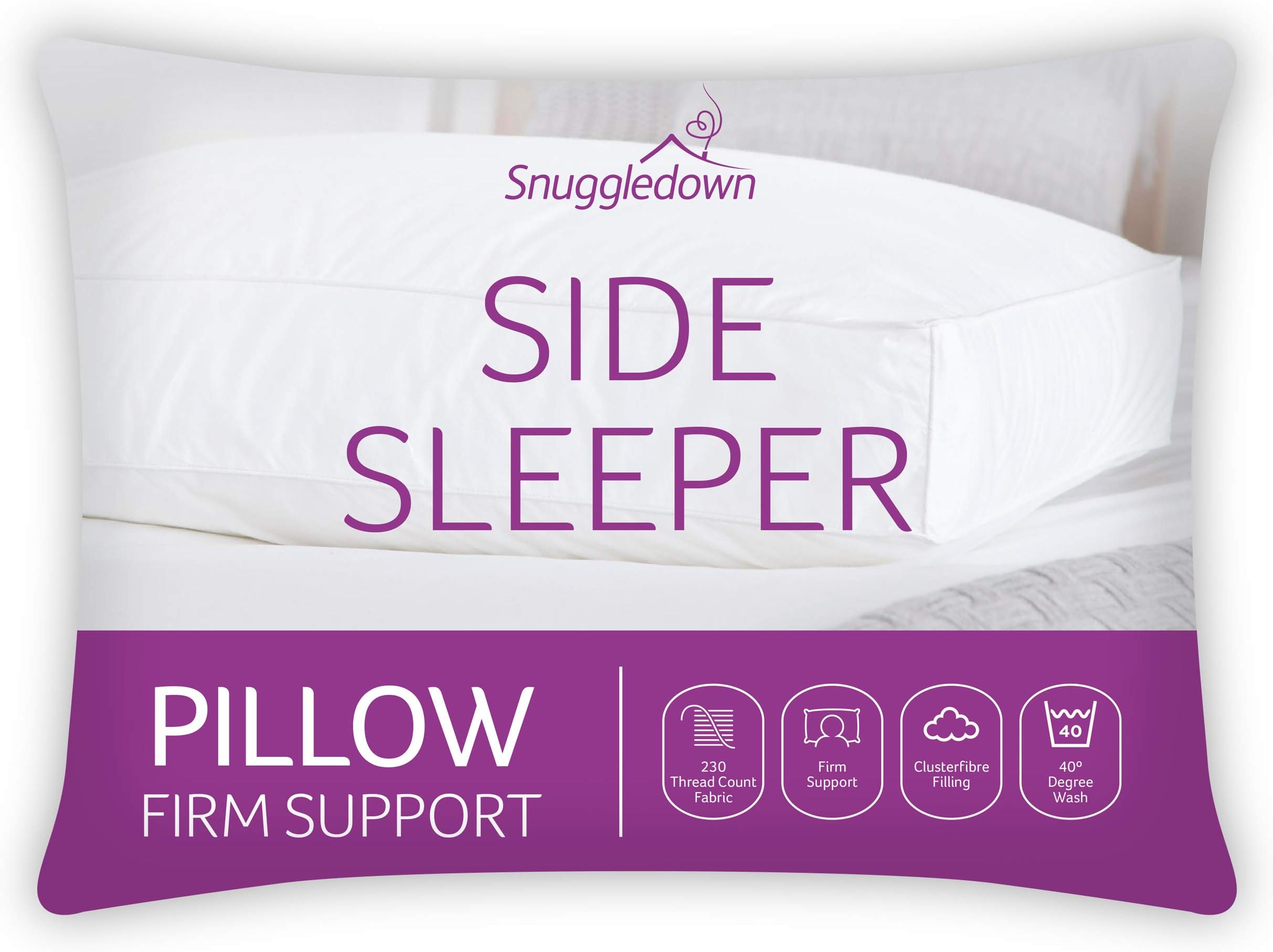 Snuggledown Hotel Side Sleeper Pillow - Firm Box Wall Support for Back & Side Sleepers | Breathable & Non-Allergenic 100% Cotton Cover, UK-Made & Washable (38 x 64cm)