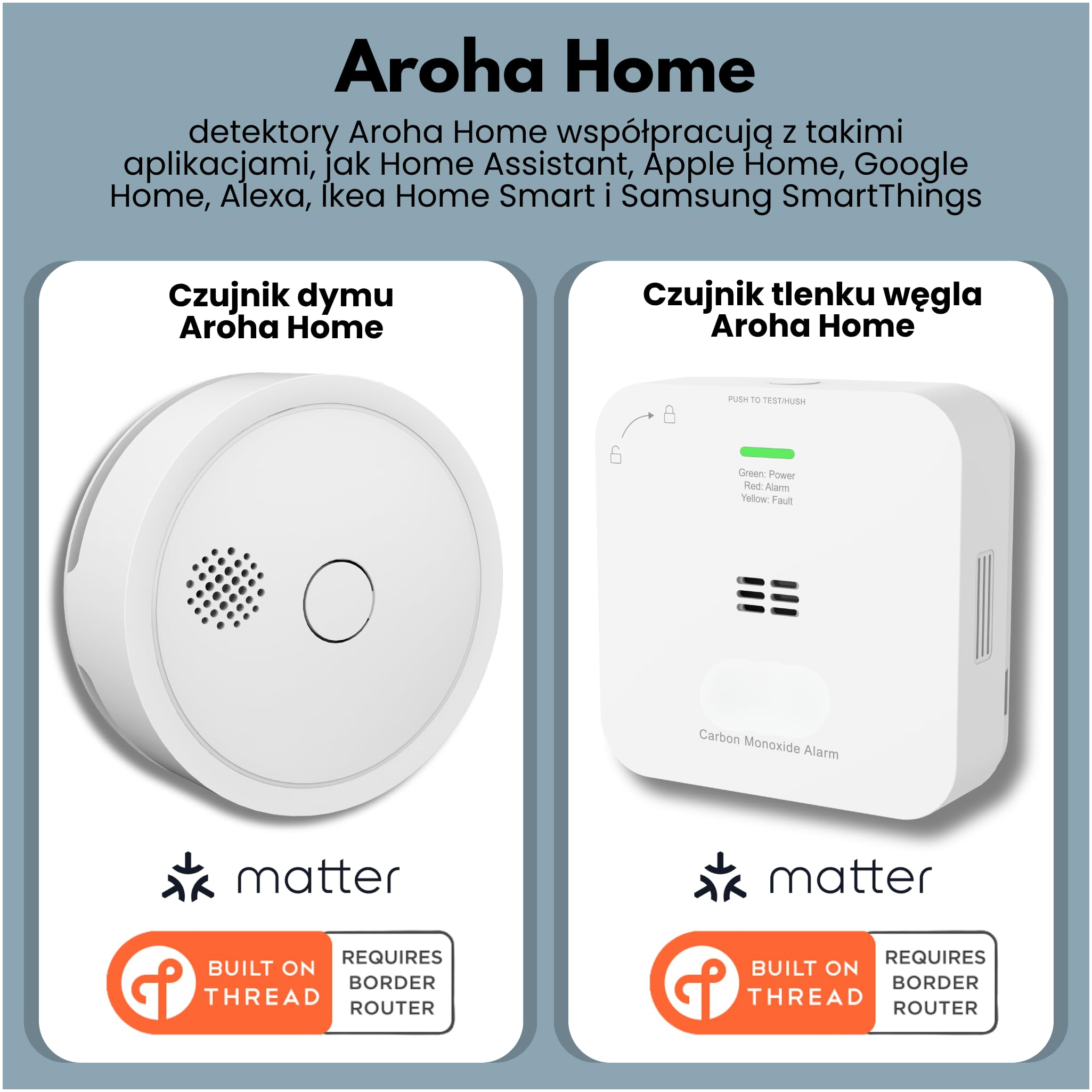Czujnik dymu Aroha Home – alarm przeciwpożarowy – zgodny z technologią Matter over Thread, Google Home, Home Assistant