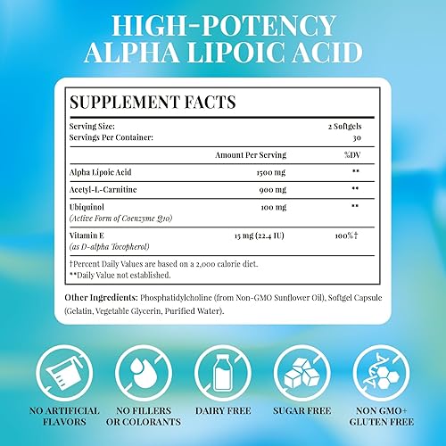 Miniatura 6 de Fogoro Ácido alfa lipoico 1500 mg-Suplemento liposomal ALA para producción de energía celular, metabolismo de glucosa y lípidos, eliminador de