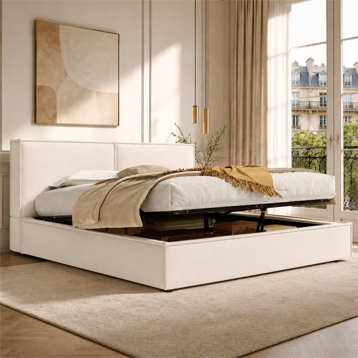Letto Imbottito 180x200 Rivestimento in Lino Letto Matrimoniale con Testiera Imbottita Bed King Size con Rete a Doghe con Sollevamento Idraulico con Vano sotto la Rete Camera Beige