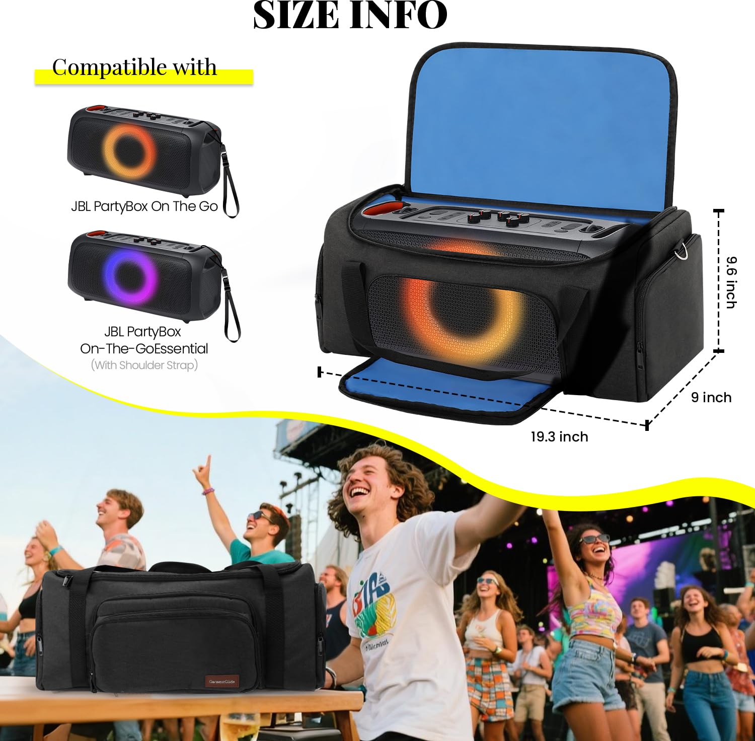 Custodia portatile per altoparlante compatibile con JBL PartyBox On-The-Go/Essential, custodia da viaggio per altoparlanti e accessori, con manico e tracolla, Nero , 19.3 x 9 x 9.6 inch, moderno