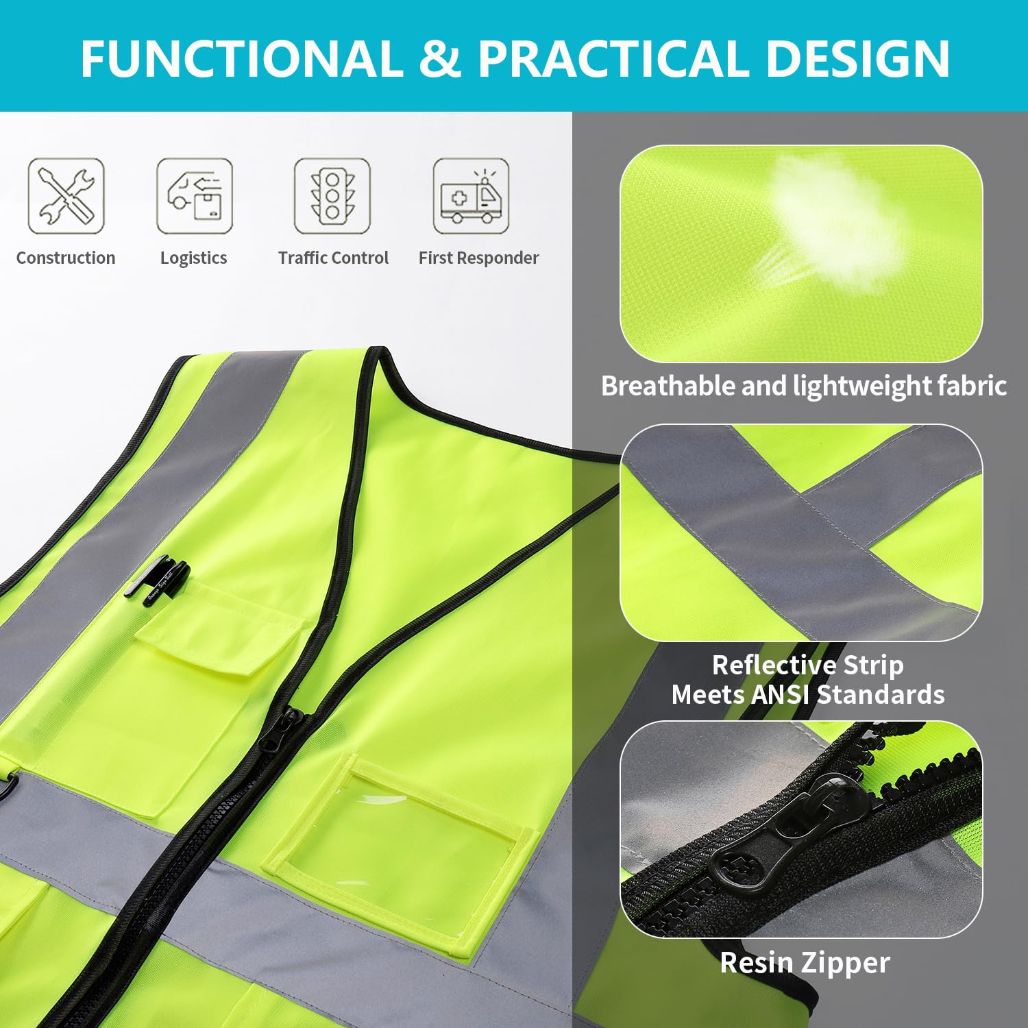 YUANVEST Hi Vis Vests for Men Women 5 Pockets,High Visibility Reflective Safety Security Vest,2-inch Reflective Strip High Visibility Vest,Meets ANSI/ISEA Standards (Yellow - Image 3