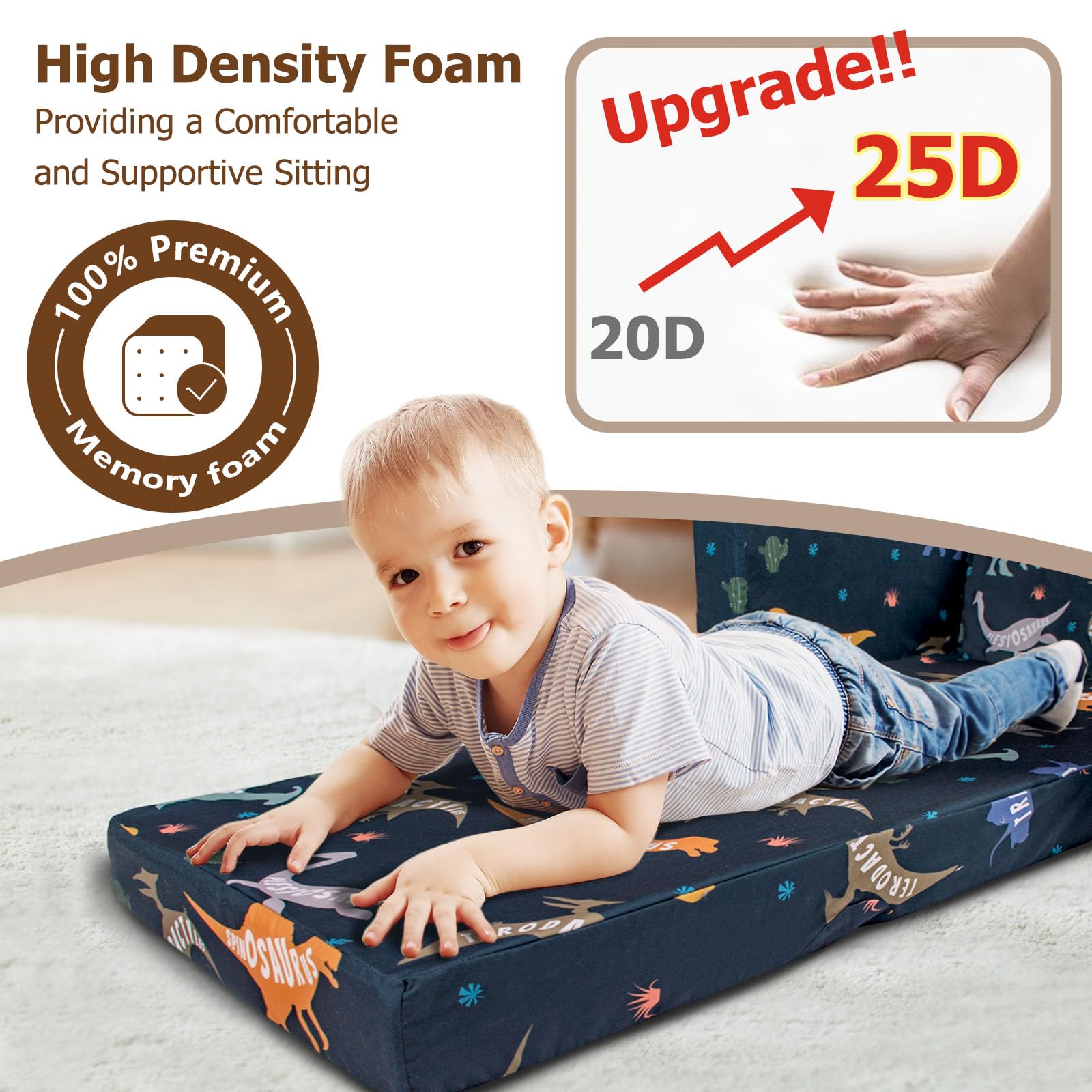 Kids Couch, 2-in-1 Kids Fold Out Couch, Convertible Kid Sofa to Lounger for Girls and Boys, Soft Toddler Chairs Comfy 1-3 Years Old (Dinosaur)