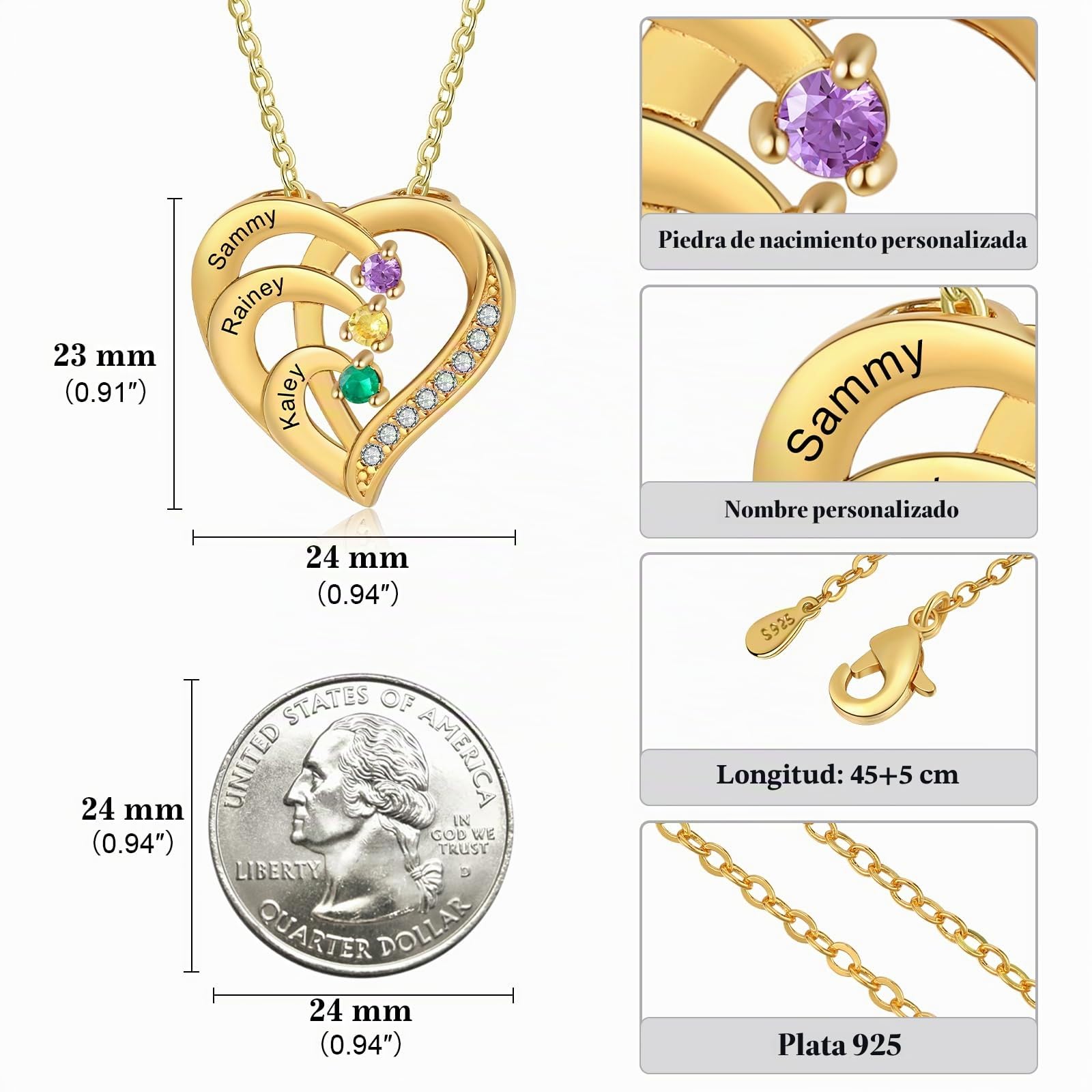 lorajewel Rosa Eterna Caja con Collar Plata 925 - Corazón Collar Personalizado para Mujer con Nombre Piedra natal - Regalo para Navidad, San Valentín, Día de la Madre,Cumpleaños