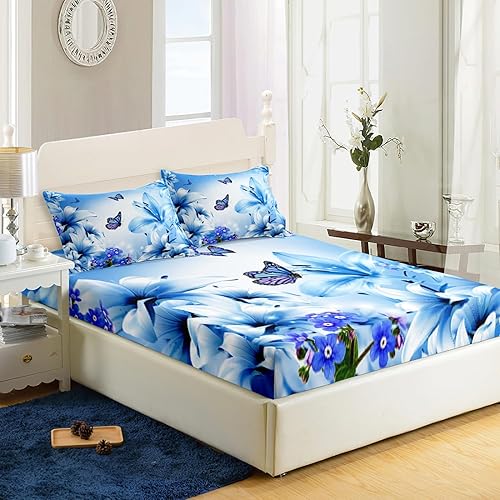Miniatura 3 de AILONEN Juego de sábanas bajeras de mariposa tamaño matrimonial, juego de sábanas de flores botánicas, juego de ropa de cama de mariposa voladora,
