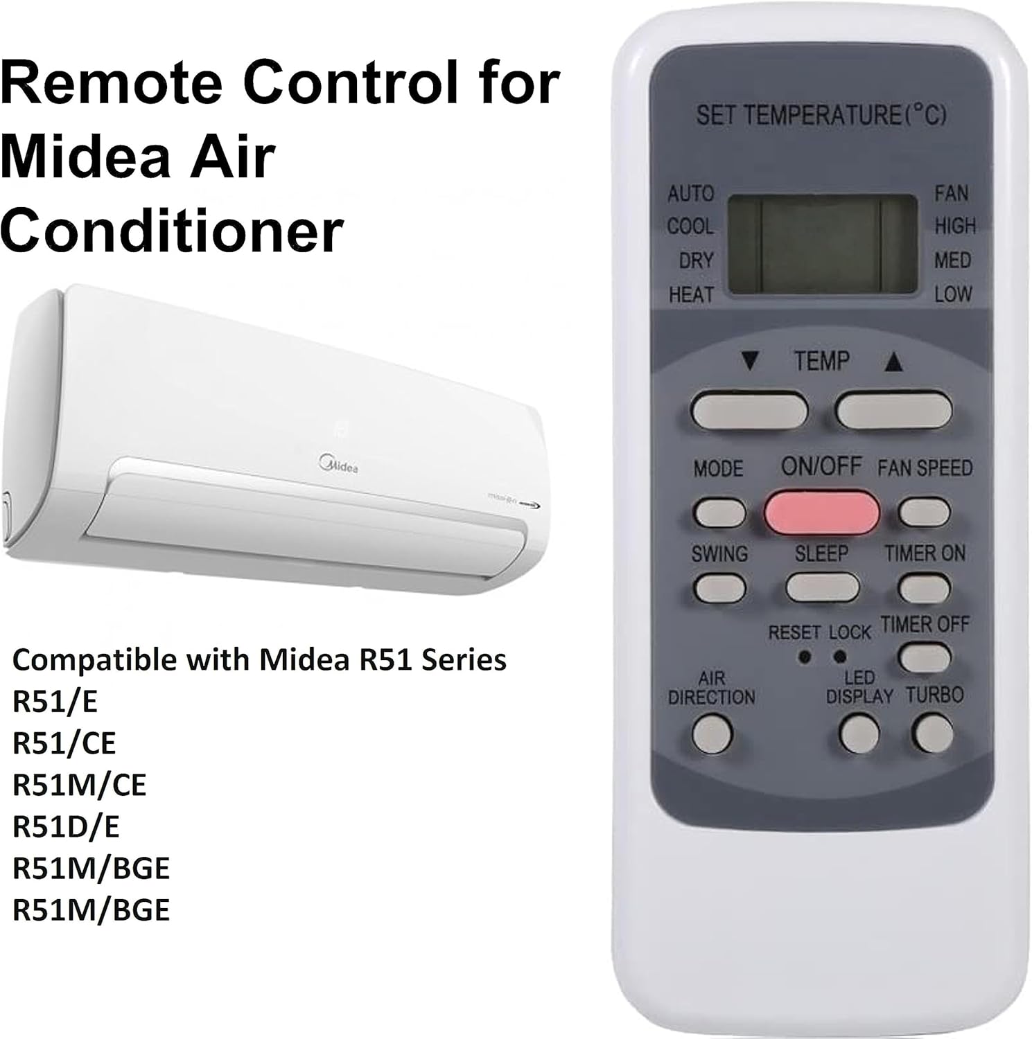 UBay Universal Remote Control R51M/E next to a Midea air conditioner unit
