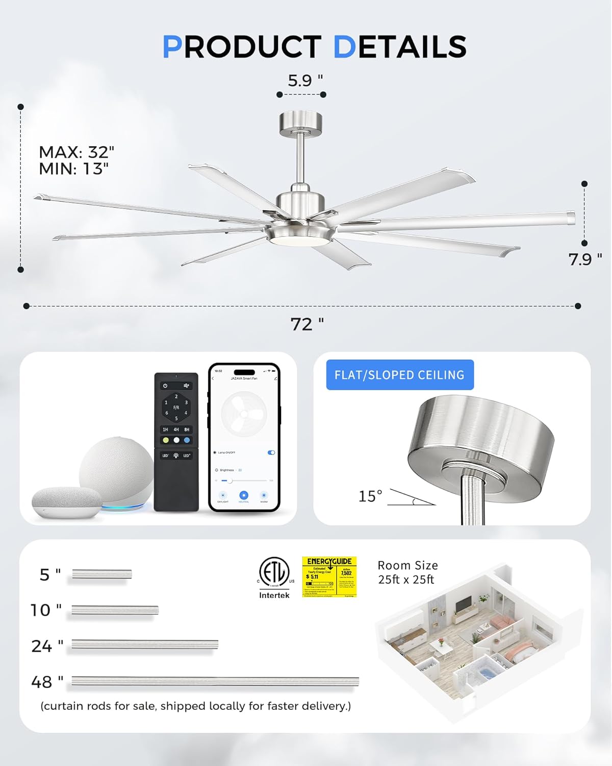 72 Inch Bruehed Nickel Ceiling Fan With Light,Smart Fan Work With Alexa,Industrial Ceiling Fan With 8 Aluminium Metal Blades,Ideal for Courtyard,Patio and Living Room,CF04BN-72 - Image 5
