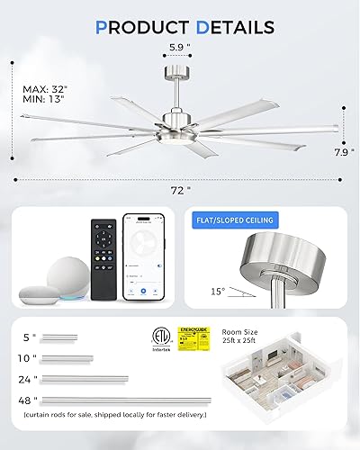 Miniatura 5 de Ventilador de techo de níquel Bruehed de 72 pulgadas con luz, ventilador inteligente que funciona con Alexa, ventilador de techo industrial con 8