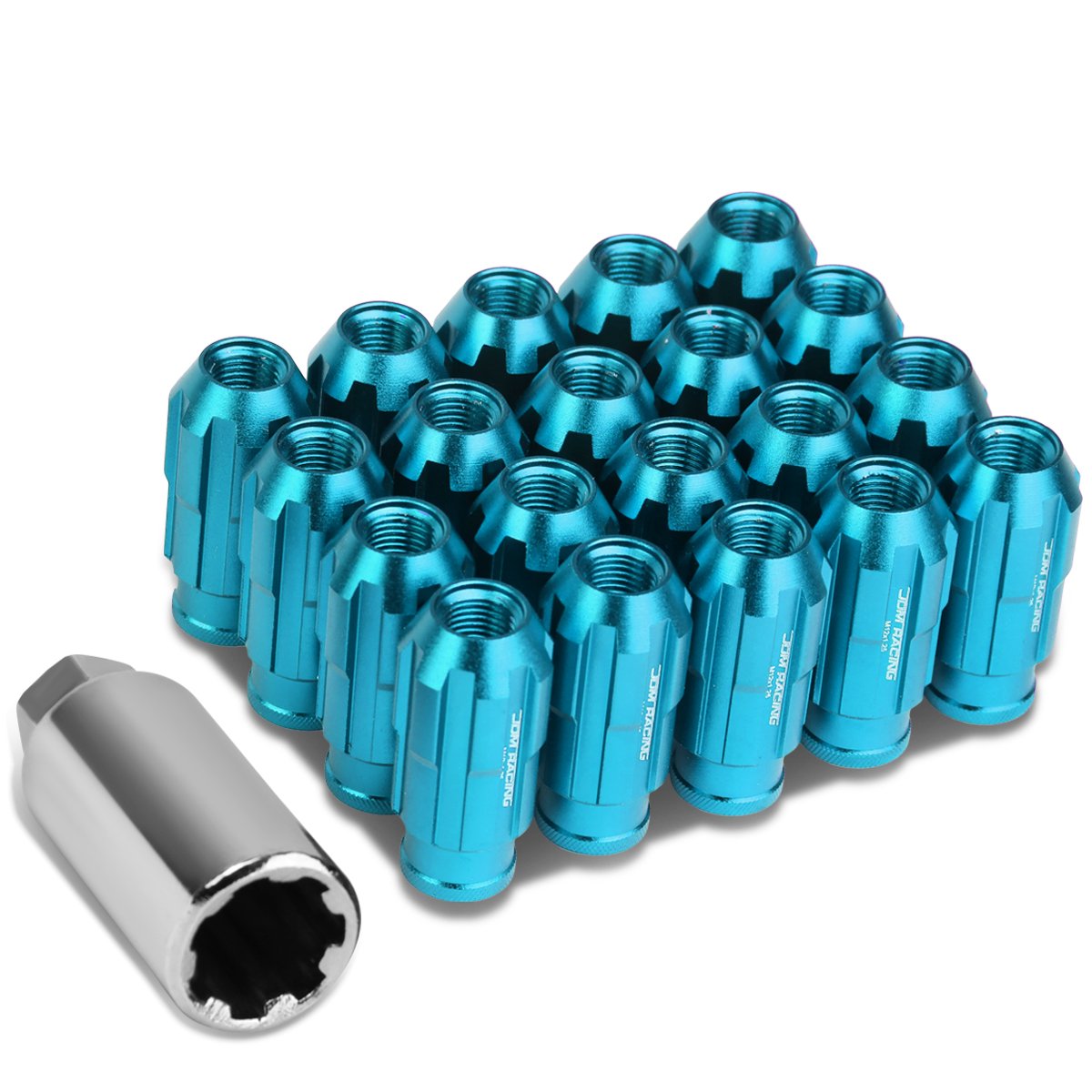 DNA MOTORING LN-ZTL-9025-125-LB 20Pcs M12 x 1.25 Open End Style Wheel Lug Nuts w/Deep Drive Extension Adapter, 24mm OD/50mm H, Light Blue
