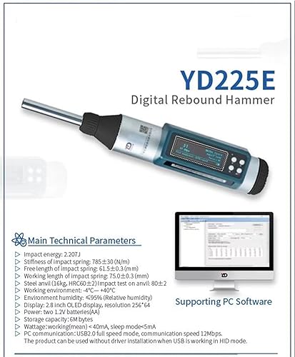 Miniatura 4 de Devonian Probador de martillo de rebote de hormigón digital con modo de transmisión USB-HID, 1450.38psi-8702.26psi (10-60Mpa)