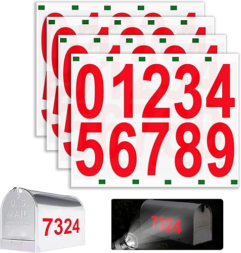 Reflective Mailbox Numbers, 4 Sets Large 0-9 Self Adhesive Number Stickers, Address Numbers for Outside, House, Trash Cans, Cars, Door (4 inch, Red)
