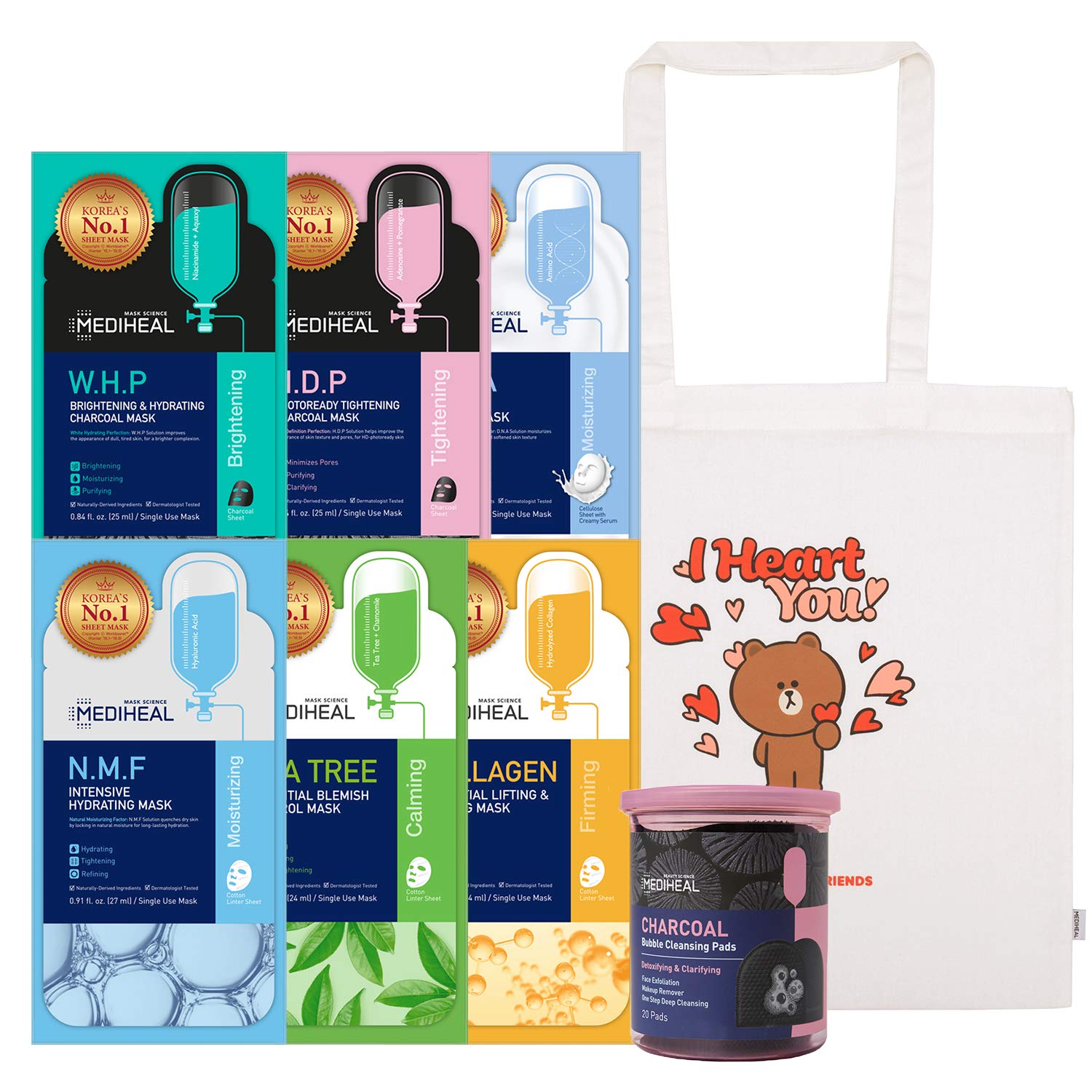MEDIHEAL 12 Combo Pack Facial Sheet Mask - N.M.F, Tea Tree, W.H.P, Collagen, D.N.A, H.D.P - Mediehal