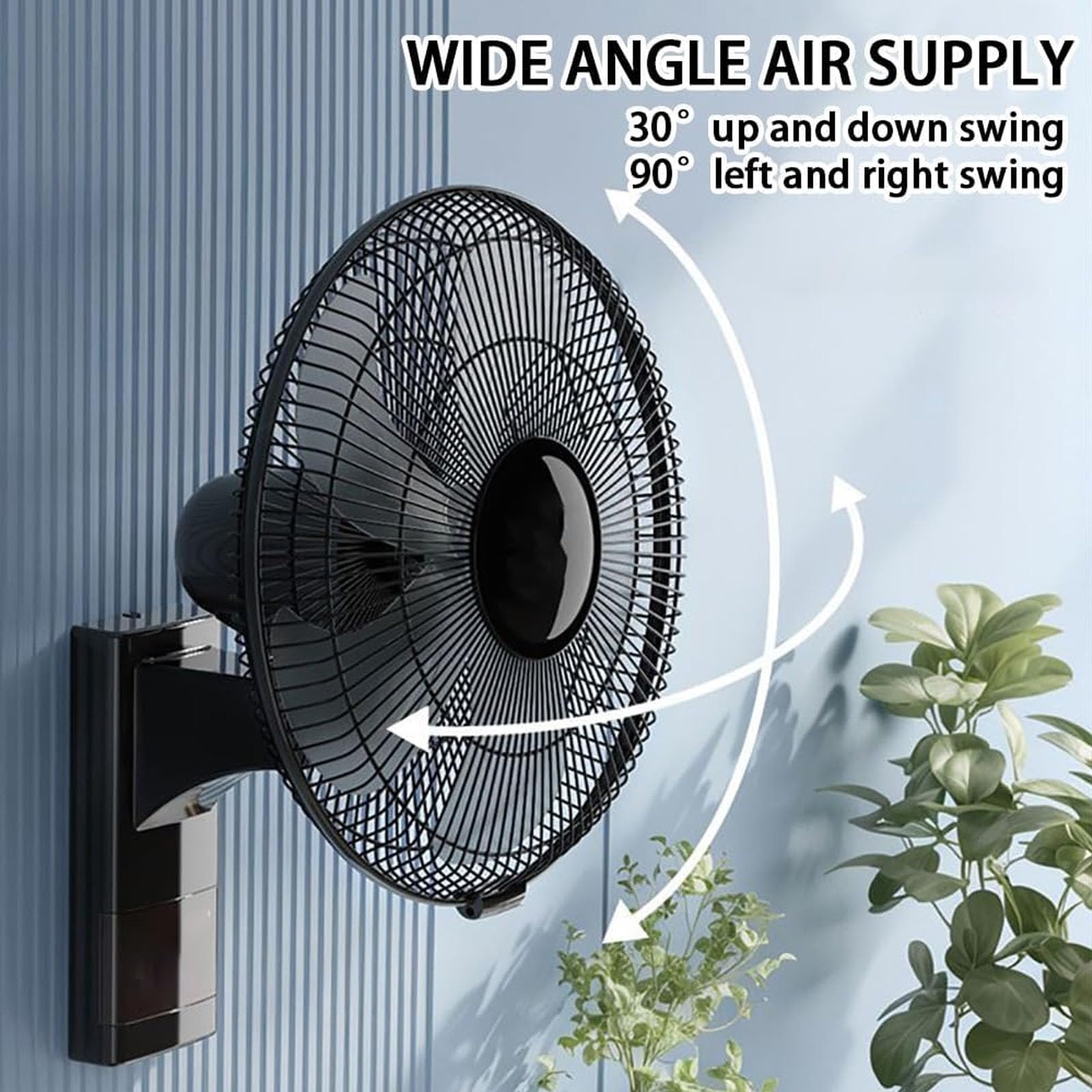 Ventilador solar de pared con mando a distancia, diseño oscilante, 5 aspas, 3 velocidades, inclinación ajustable de 90°, ideal para espacios al aire libre, garaje y gimnasio