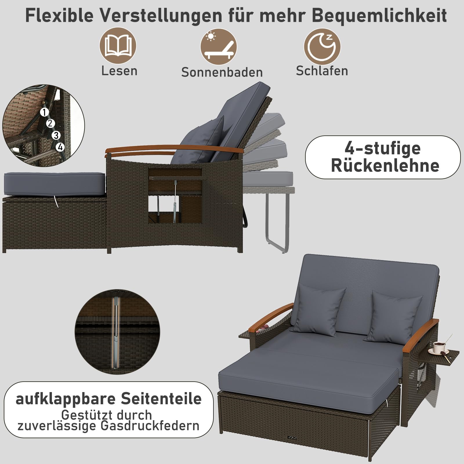 GYMAX Sofa Exterior de Ratán con Reposapiés de Almacenamiento, Conjunto Jardín de 2 Plazas con 4 Niveles y Cojines Acogedores, Bandejas Laterales Retráctiles (Gris, S)