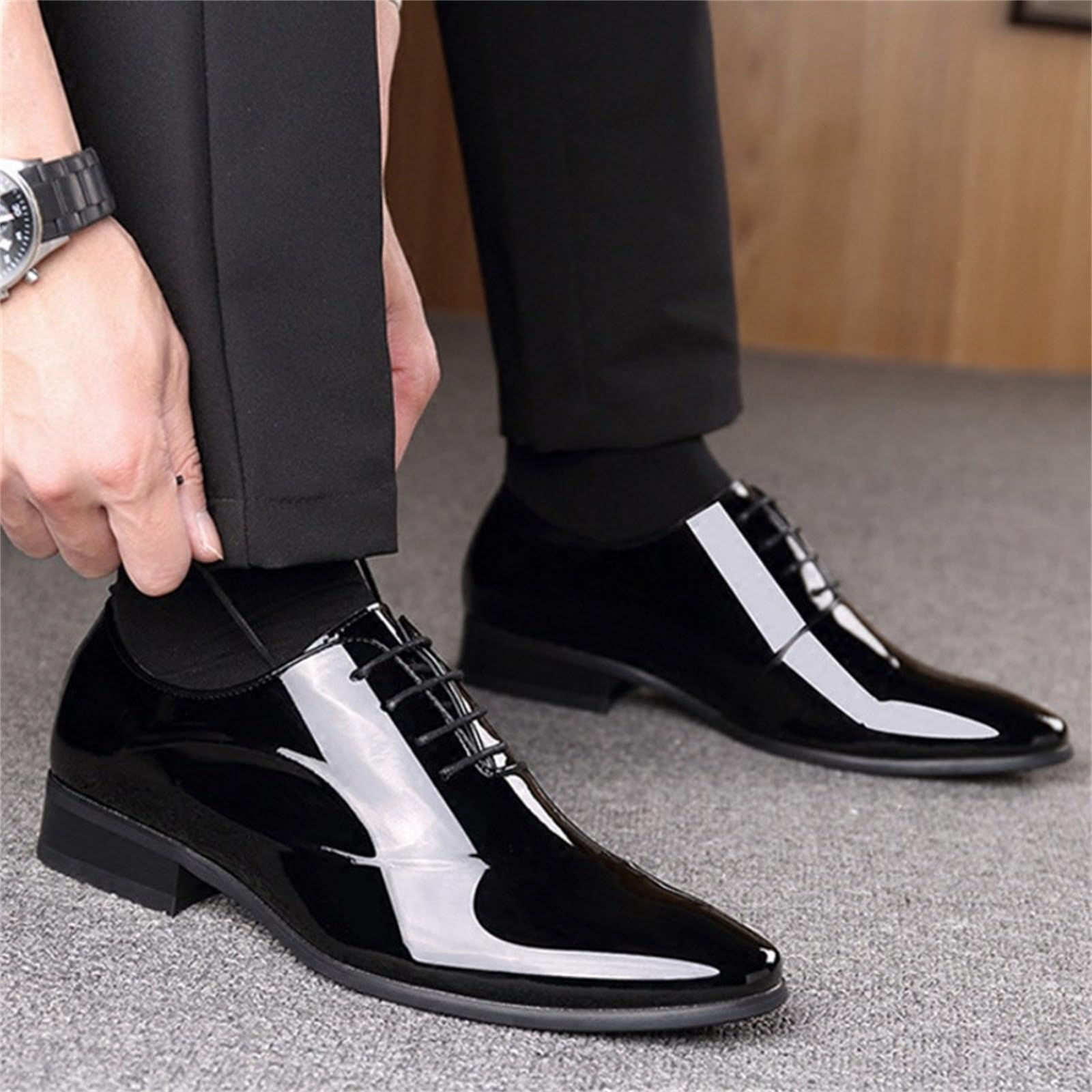Generisch Herren Anzugschuhe Modern Lederschuhe Business Schnürschuhe | Oxford Derby Schuhe Leder Lackschuhe Hochzeit Business Lederschuhe, glänzende Schnürschuhe mit stabiler