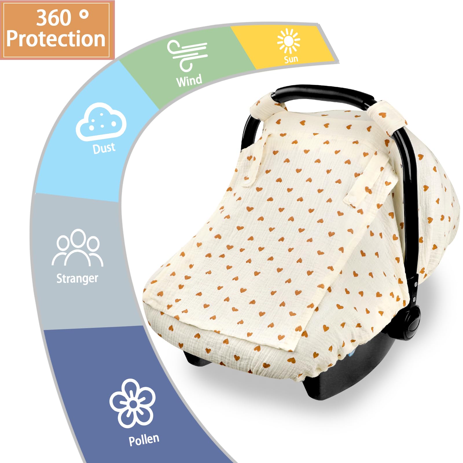 Hooyax Musselin Autositzbezug Baby, atmungsaktiver Baby-Autositzbezug für Jungen und Mädchen, leicht, universelle Passform, Babyautositzbezug, Baldachin, kleines Herz