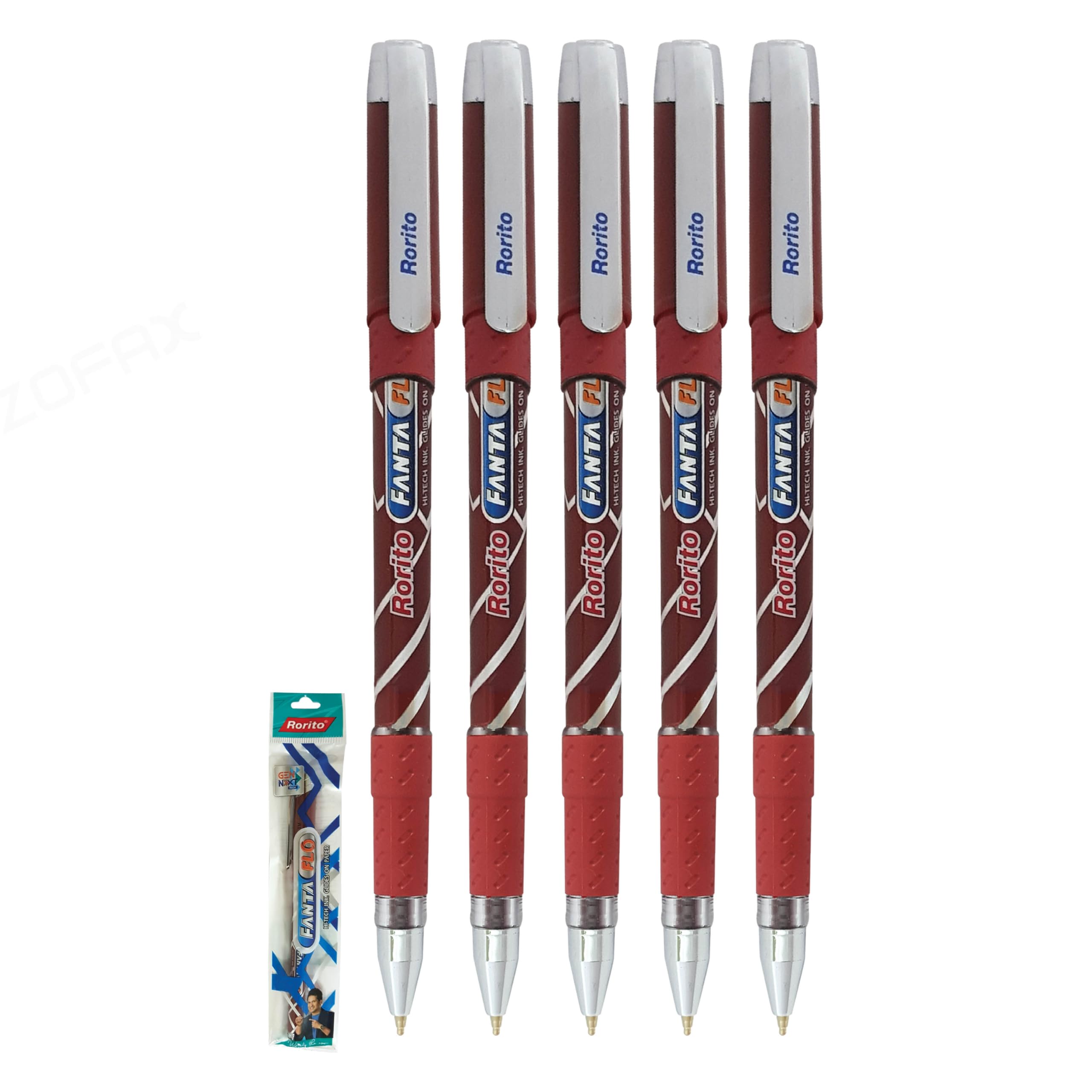 FANTAFLO Ballpoint Pens, RED, Medium Pont (1.0mm), Pack of 5, Smooth Stick Ball Pens, Rubber Grip, School Office Home Use, iZOFAX Black Ball Pen