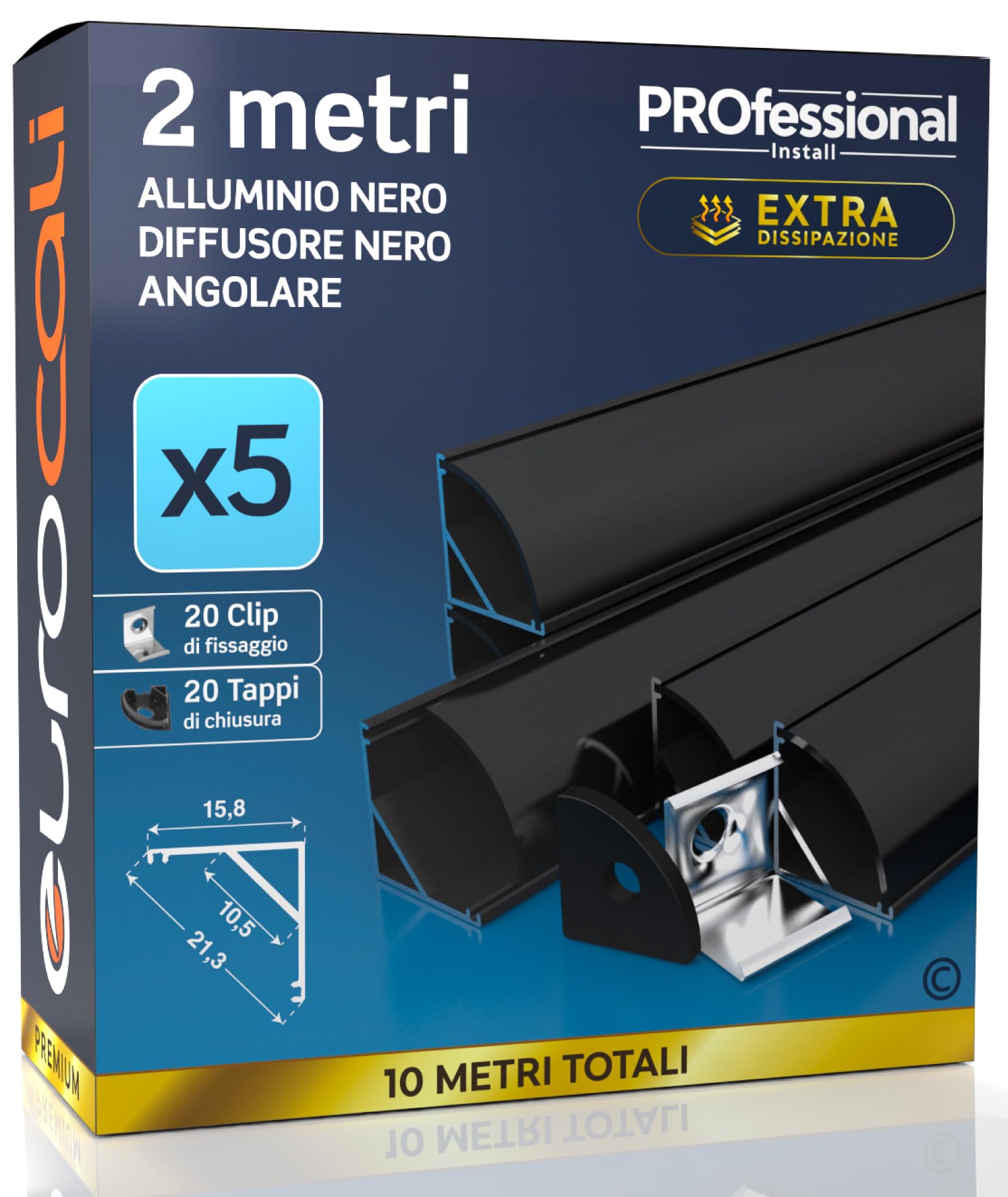 Eurocali 5x Profili Angolari da 2 metri (10mt) in Alluminio Nero per Strisce LED Copertura Opaca larghezza max striscia led 10.5mm - 15.8 x 15.8
