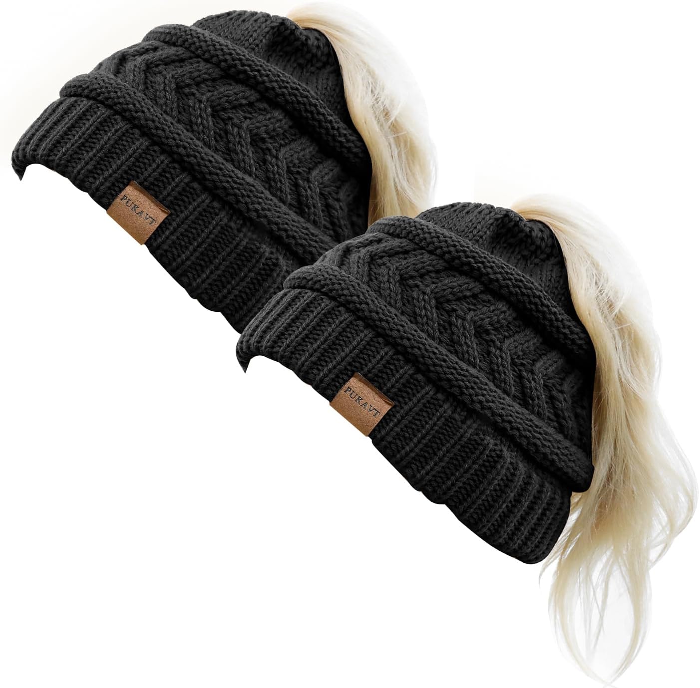 Pukavt 1&2 Pack Winter Hat Ponytail Beanie Hat for Women, Soft Stretch Cable Knit Messy Bun Beeanie,Trendy Gifts for Women