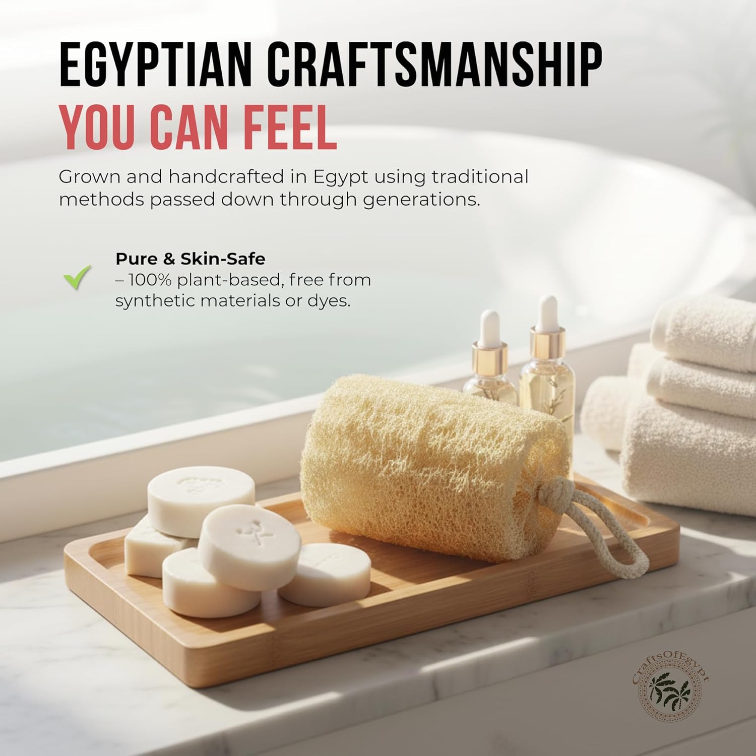CraftsOfEgypt Natural Loofah Sponge – Egyptian Luffa Body Scrubber Pack of 4 for Men & Women, Natural Bath & Shower Loofah Exfoliator, All Natural Loofah Sponges for Face Back & Body, 6" x 6"