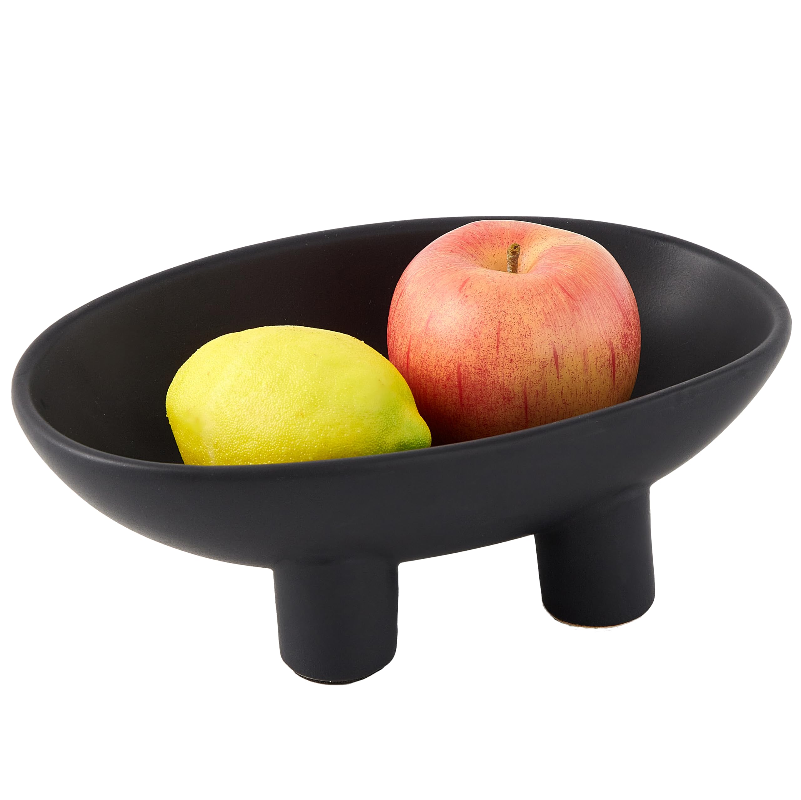 Denique Ceramic Fruit Bowl for Kitchen Counter, 10inch 3-Legs Decorative Bowl for Table Decor, Ceramic Fruit Plate Snack Stand Oval Large Bowls for Fruit Breads Snack (Black)