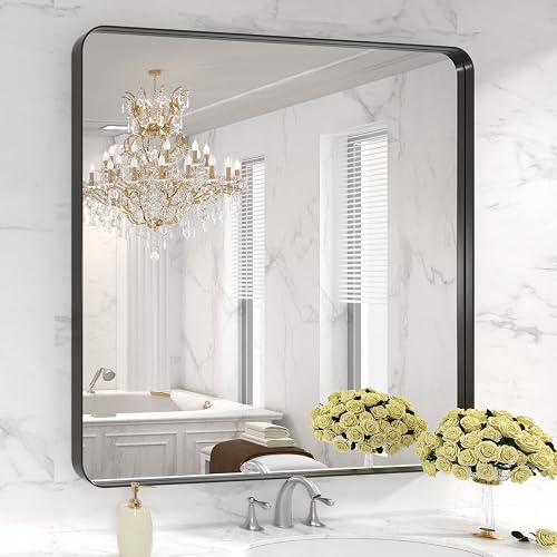 LOAAO 36X36 Inch Black Bathroom Mirror Metal Framed | Rounded Rectangle, Matte Black, Anti-Rust, Tempered Glass, Hangs Horizontally or Vertically